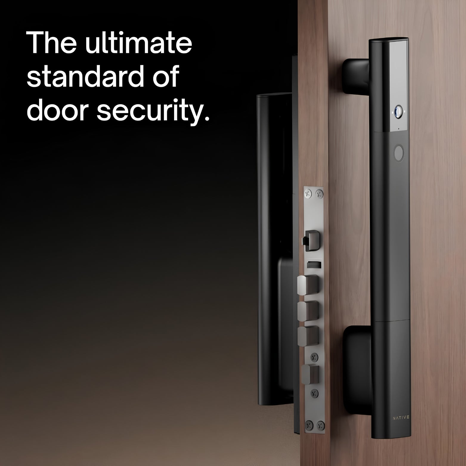 Matte black Native smart door handle and lock system installed on a premium wooden door panel. Text on image reads: "The ultimate standard of door security