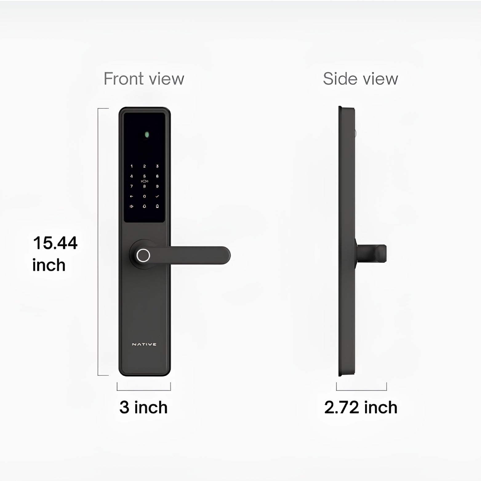 Technical specification diagram showing the front and side view dimensions of the Native digital lock, measuring 15.44 inches tall, 3 inches wide, and 2.72 inches deep