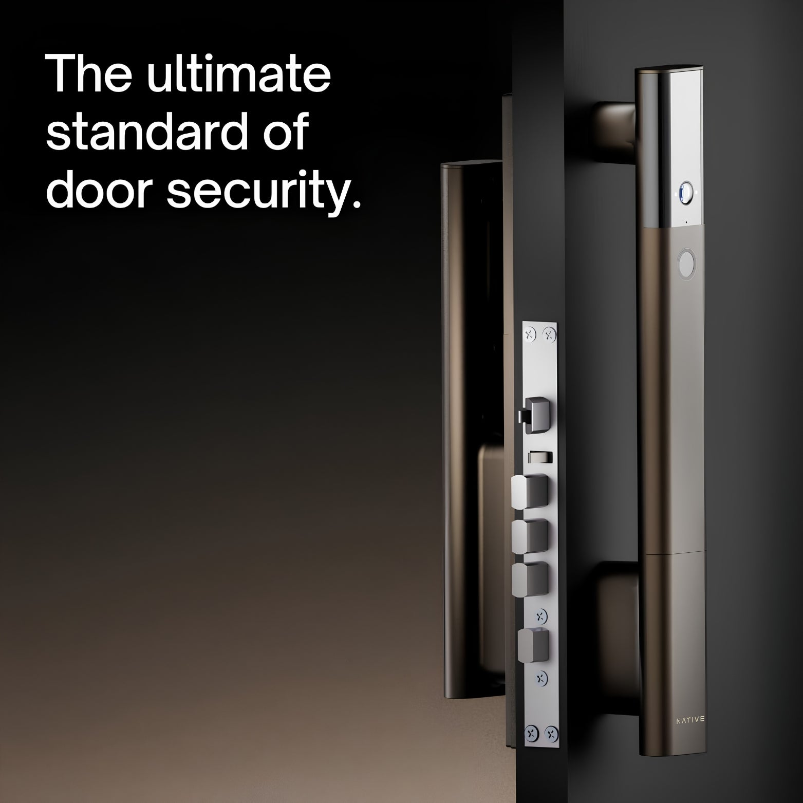 Native smart door lock in a mocha finish mounted on a sleek black door, showcasing its multi-bolt high-security mortise lock mechanism. Text on image reads: "The ultimate standard of door security