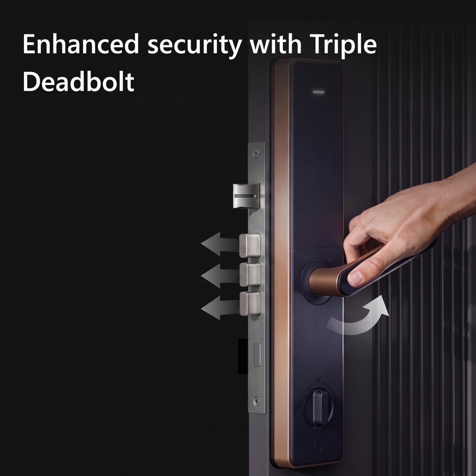 Close-up of Native smart door lock showing a hand pressing down the rose gold handle to engage the heavy-duty triple deadbolt locking mechanism