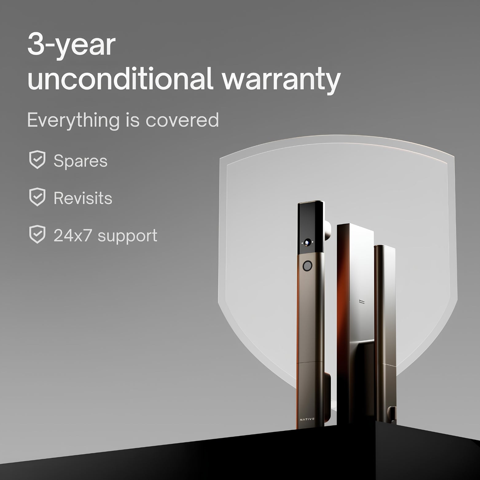 Native smart door hardware components in black and mocha finishes displayed behind a clear protective shield emblem against a clean gray background. Text on image reads: "3-year unconditional warranty. Everything is covered: Spares, Revisits, 24x7 support