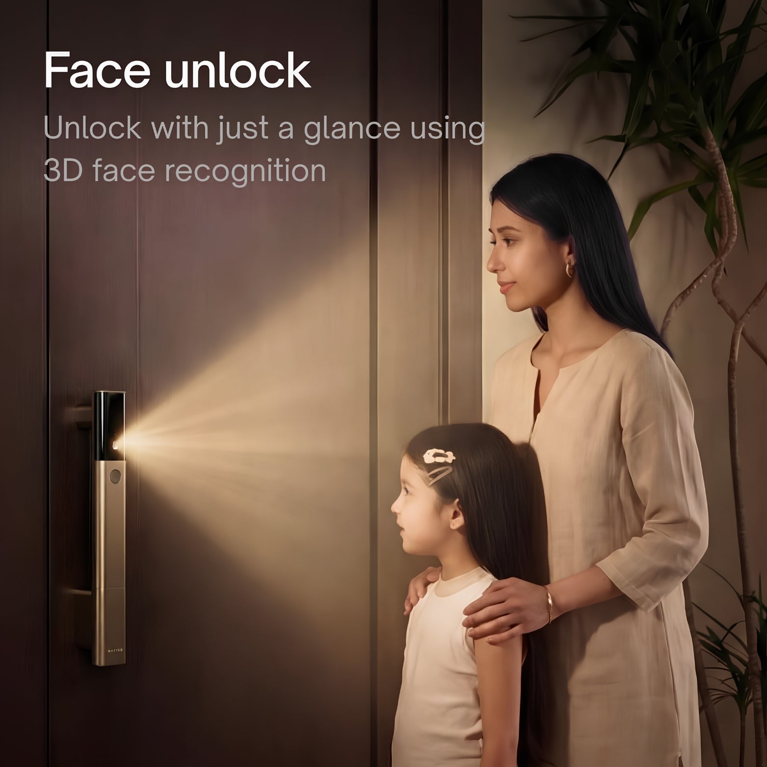 A woman and a young girl standing in front of a modern entrance door, demonstrating the 3D face recognition unlock feature with a light beam projecting from the mocha smart lock camera. Text on image reads: "Face unlock. Unlock with just a glance using 3D face recognition