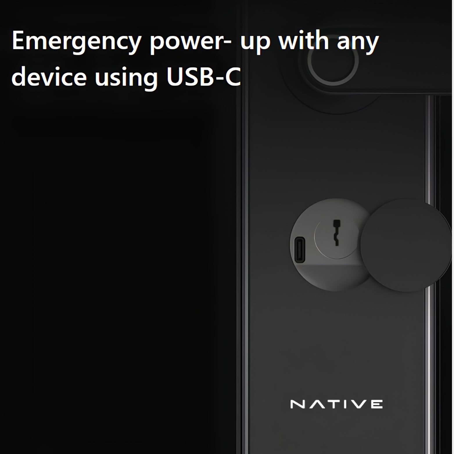 Close-up of the bottom panel on a Native smart door lock revealing a hidden USB-C emergency backup power port and manual key slot