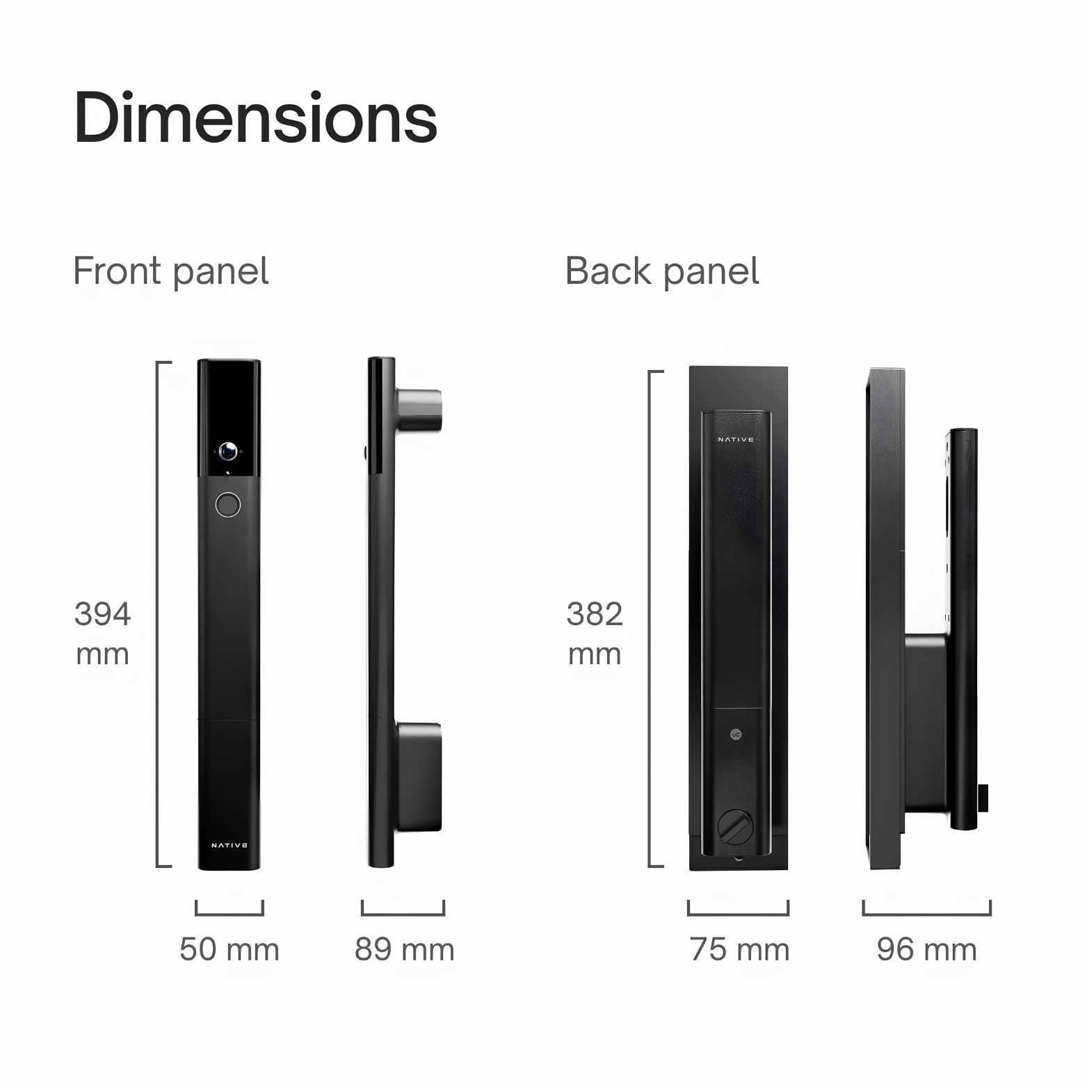 Technical dimension blueprint layout detailing the precise measurements for both the front and back hardware panels of the Native digital door lock, illustrating front-facing and side-profile silhouettes in a matte black finish with explicit height and depth dimensions in millimeters. Text on image reads: "Dimensions. Front panel: 394 mm height, 50 mm width, 89 mm depth. Back panel: 382 mm height, 75 mm width, 96 mm depth