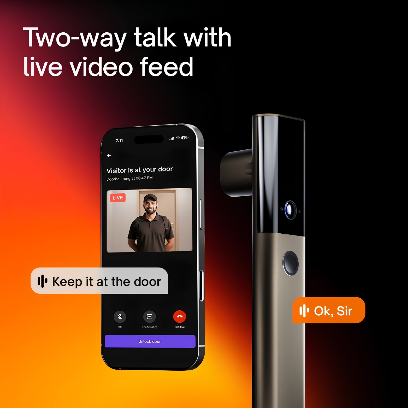 Interface demonstration showing a smartphone displaying a live video feed of a delivery courier at the door, alongside a side profile of the mocha finish Native smart door lock. Graphic text bubbles show a two-way conversation: "Keep it at the door" and "Ok, Sir." Graphic text reads: "Two-way talk with live video feed