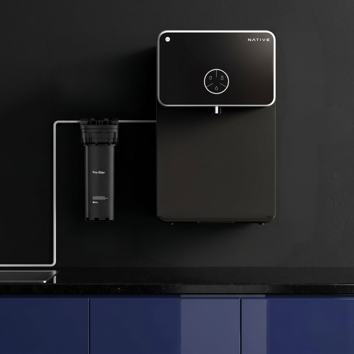 A wall-mounted Native water purifier system featuring the main black unit alongside an external pre-filter attachment.