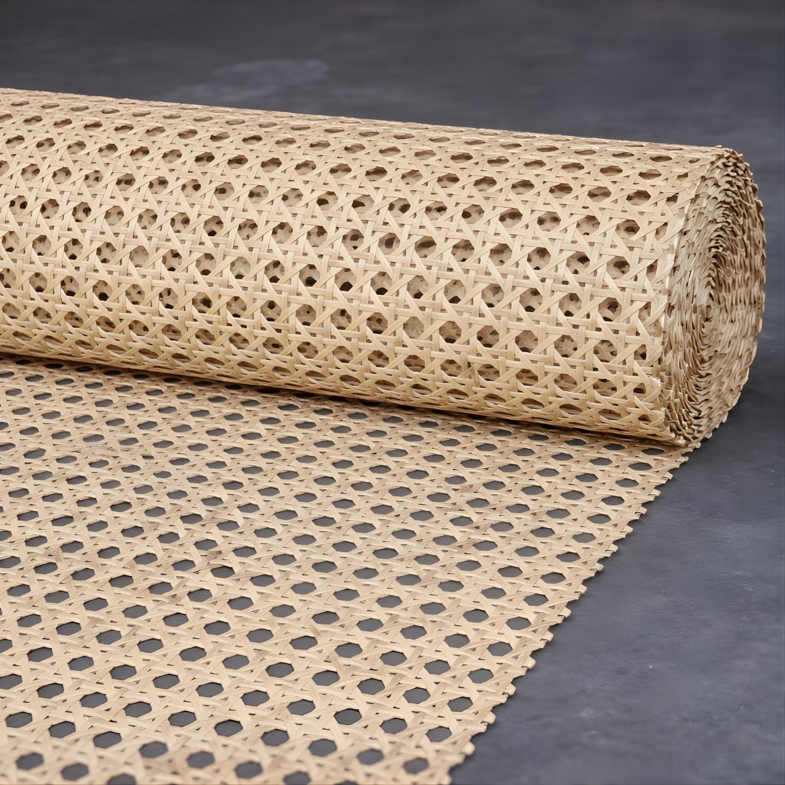 Detailed close-up of the traditional hexagonal open weave pattern on high-quality A-grade natural rattan peel