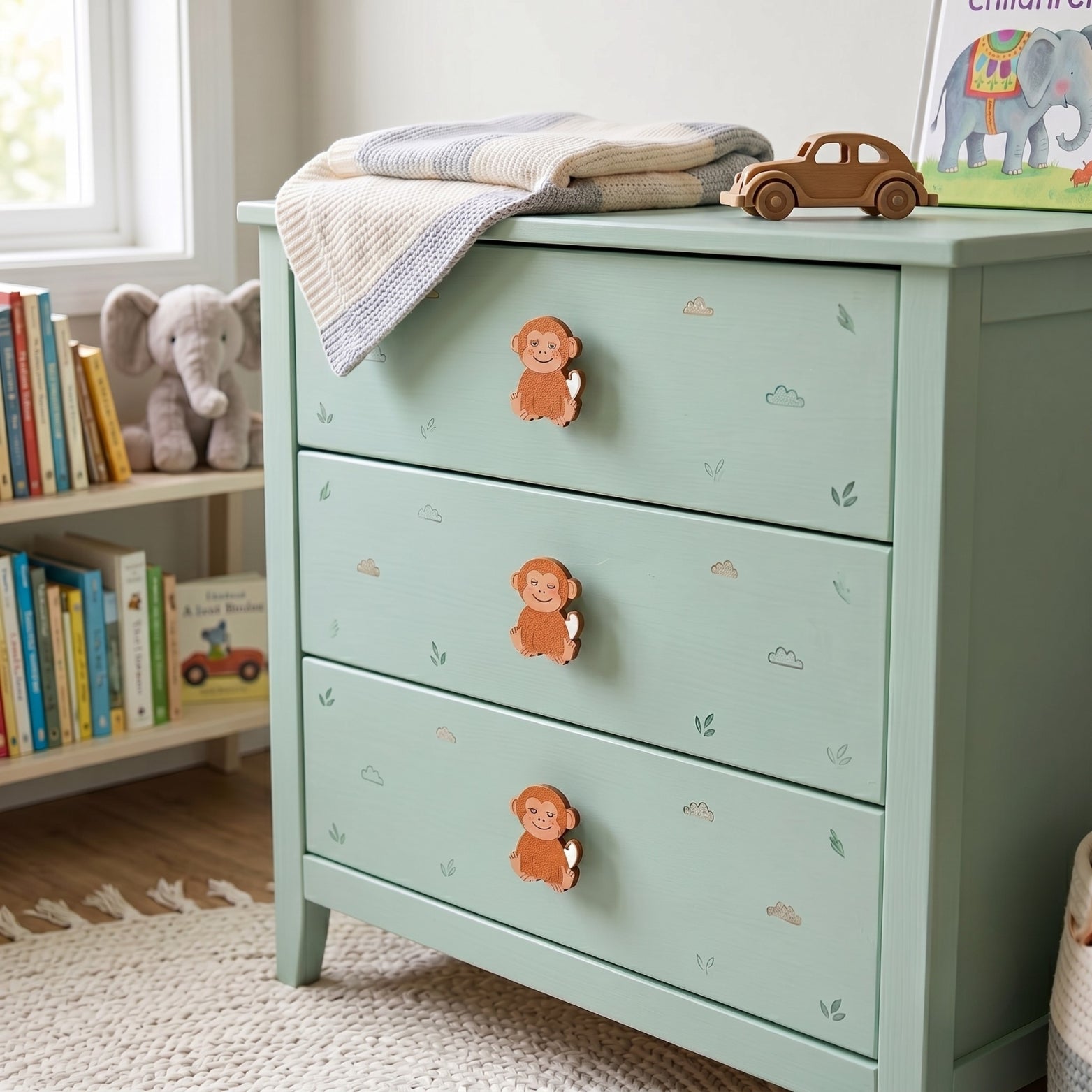 Cute 3 drawer nursery chest featuring small single piece acrylic monkey handles