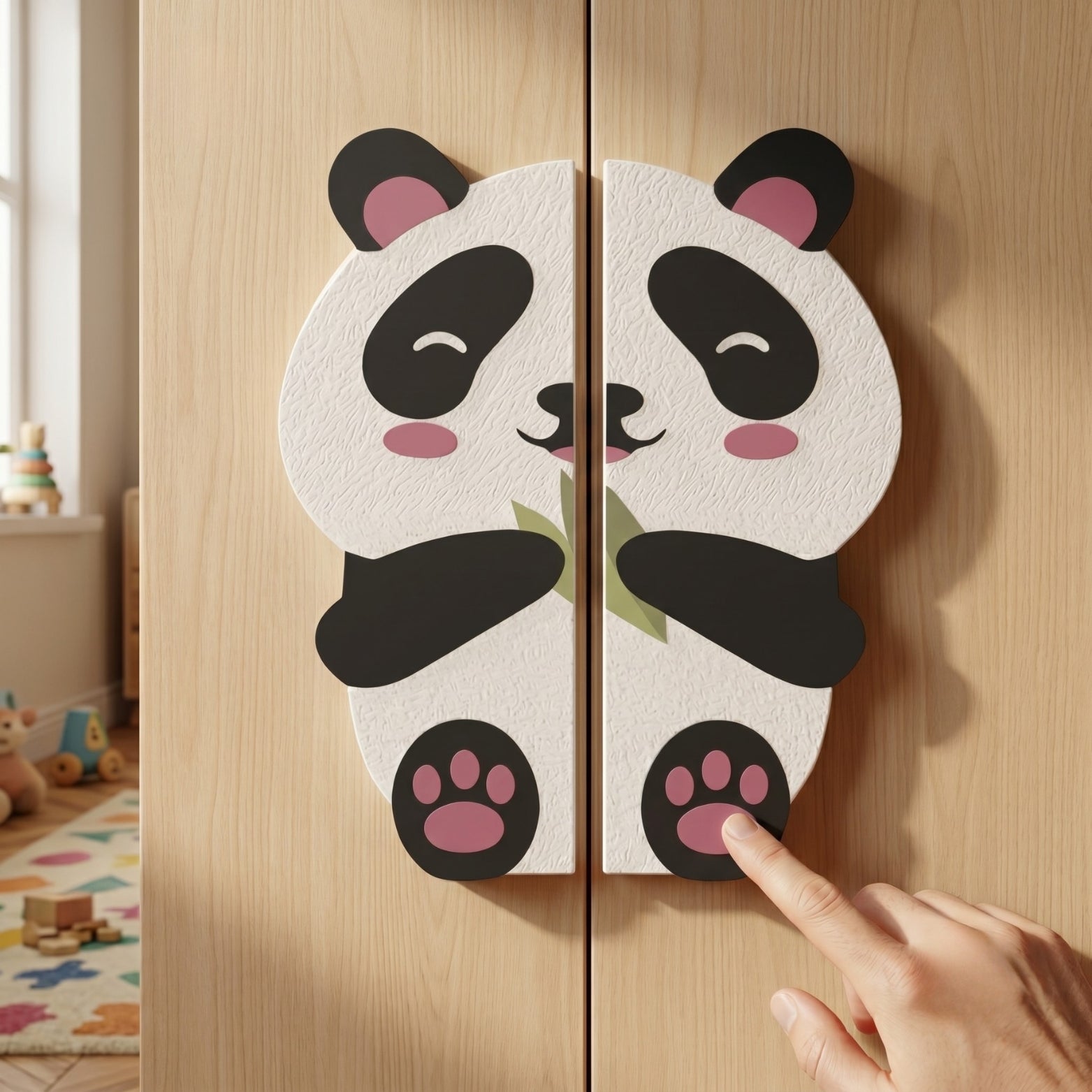 Designer panda split acrylic handle set installed on a white laminate kid room cupboard door, meeting seamlessly in the center