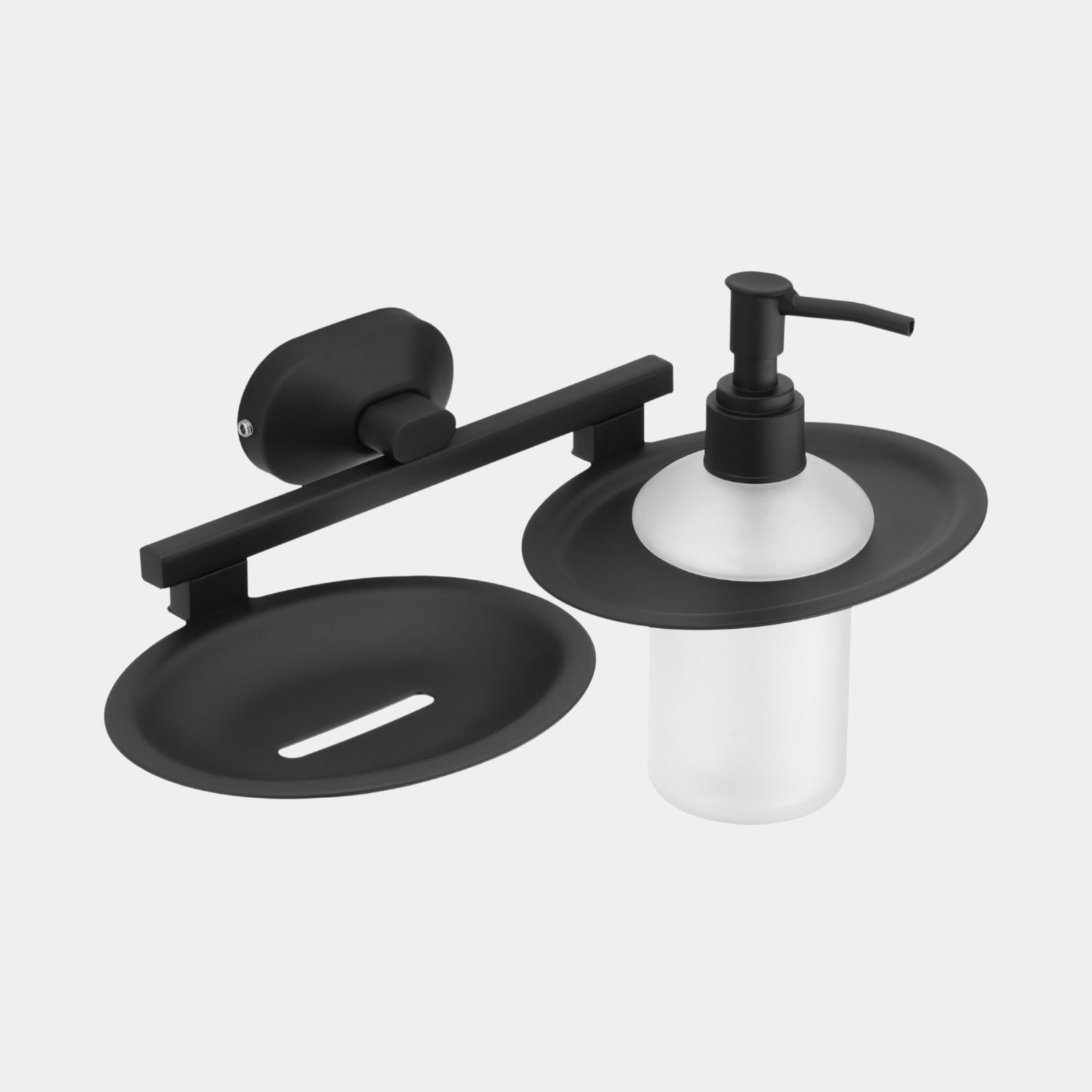 Studio shot of Sparrow matte black SS304 soap holder frame featuring a premium frosted glass bottle dispenser and wall bracket