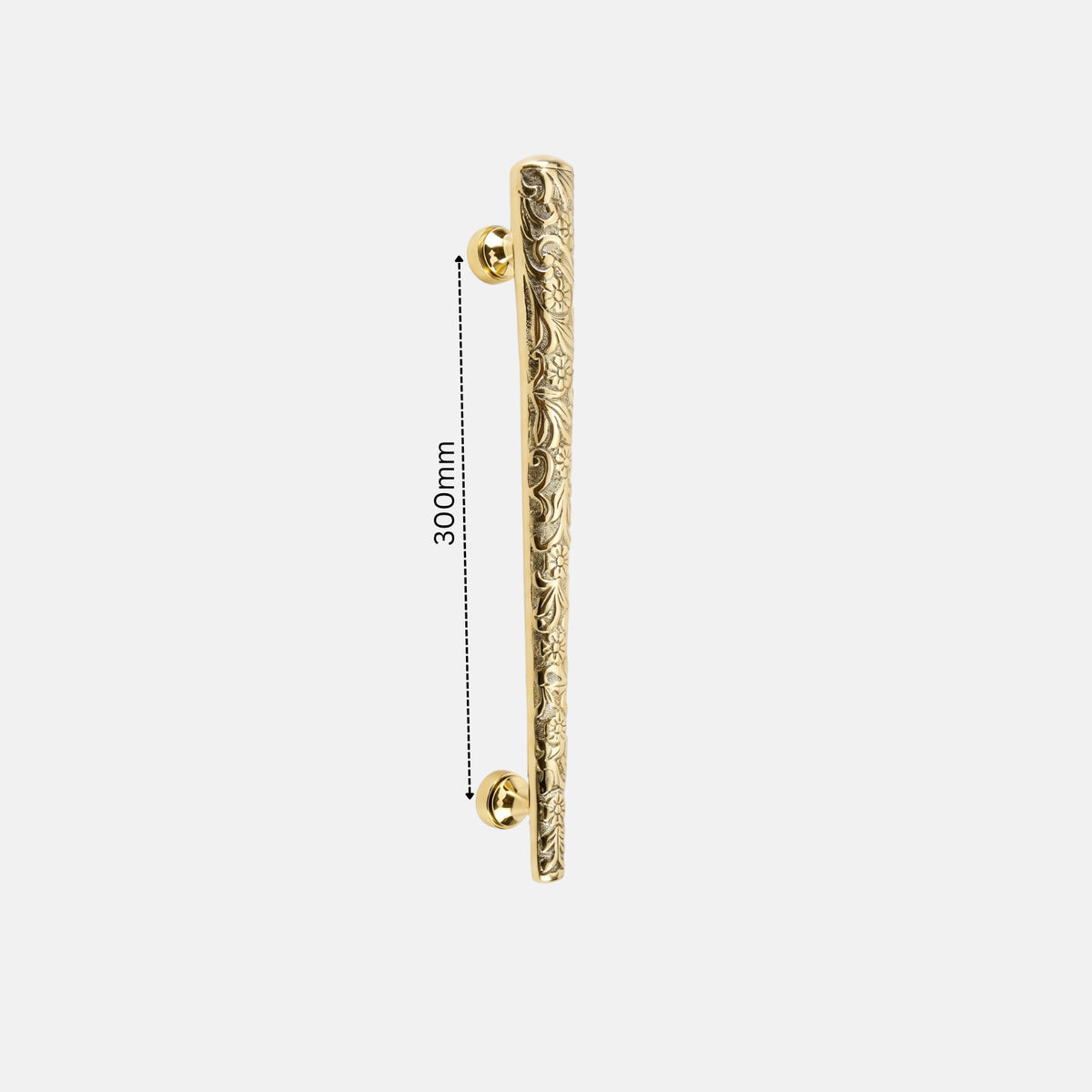 Polished brass finish Jewel Collection main door handle showing a 300mm hole center measurement from Hardware Depot.   
