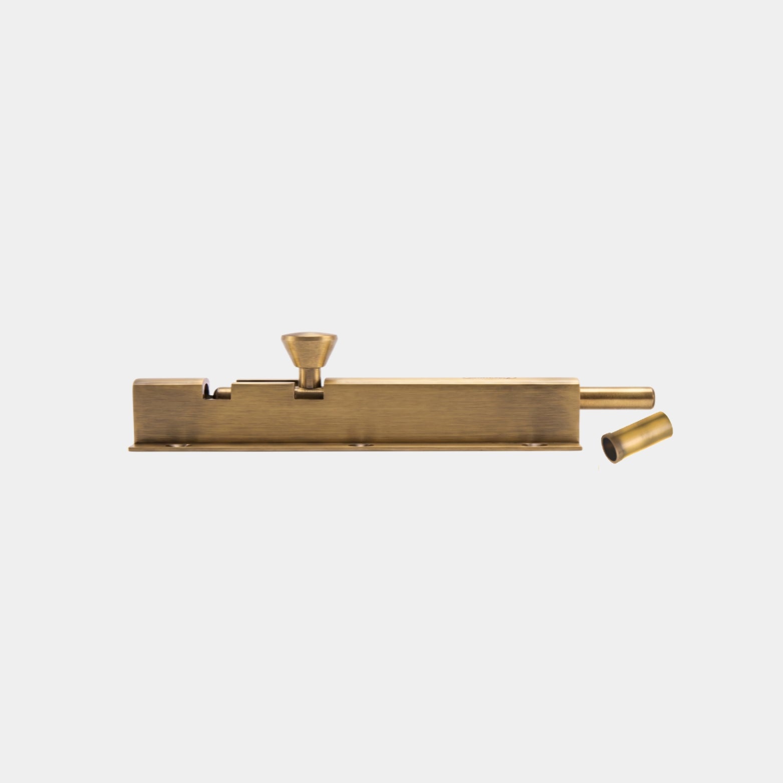 Side profile view of a Premium antique brass finish tower bolt latch mechanism showing the solid cylindrical bolt