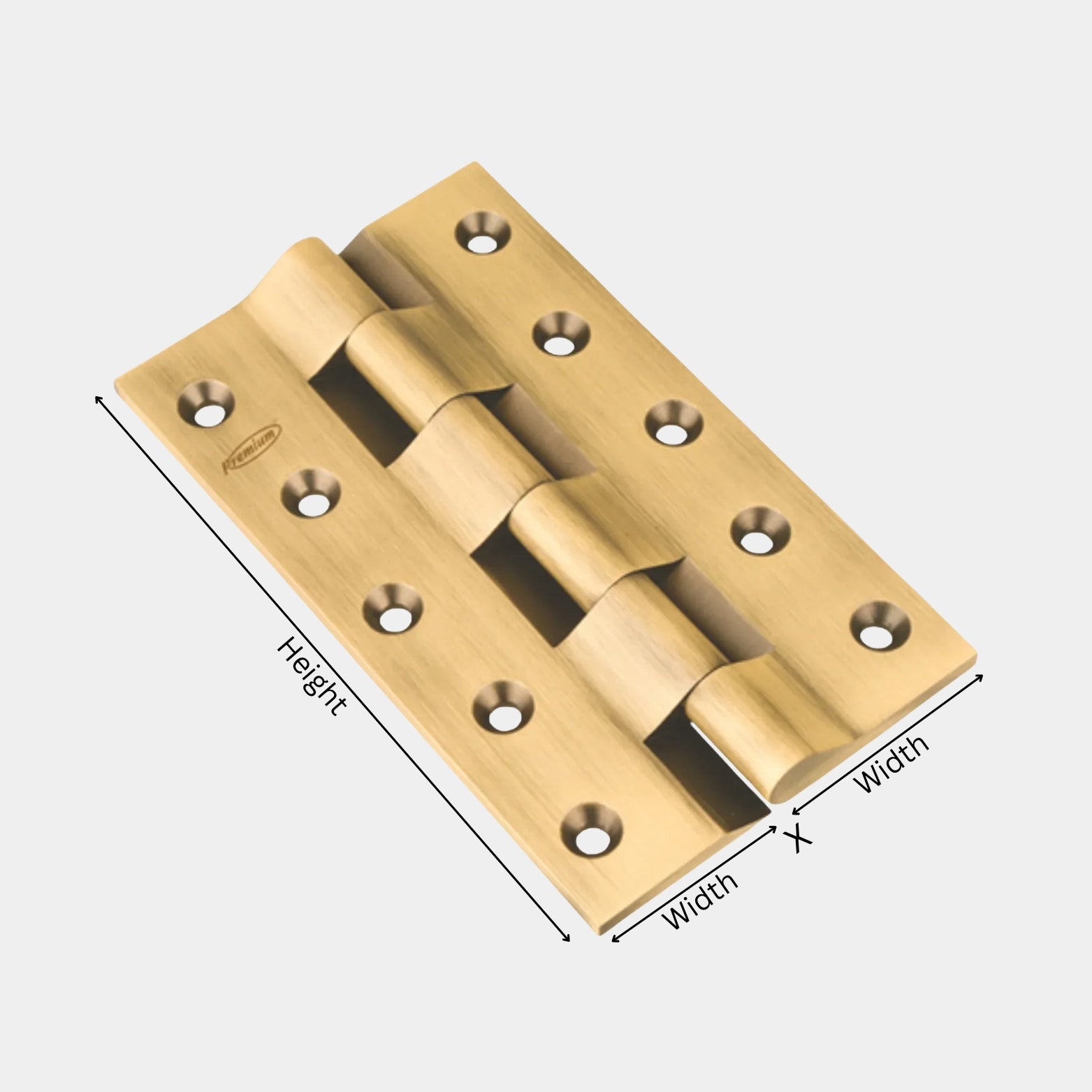Antique brass finish heavy duty door hinge with a dimension diagram mapping height and width.
