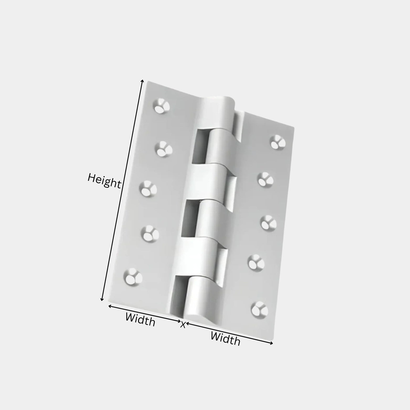 Premium brass door hinge in stainless steel SS finish, shown open with measurement guides for height and width