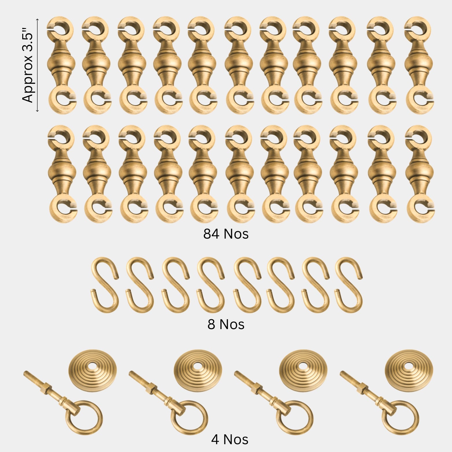 Premium solid brass jhula chain fitting set with 84 interlocking links, S-hooks, and base clamps for heavy-duty indoor and balcony swings