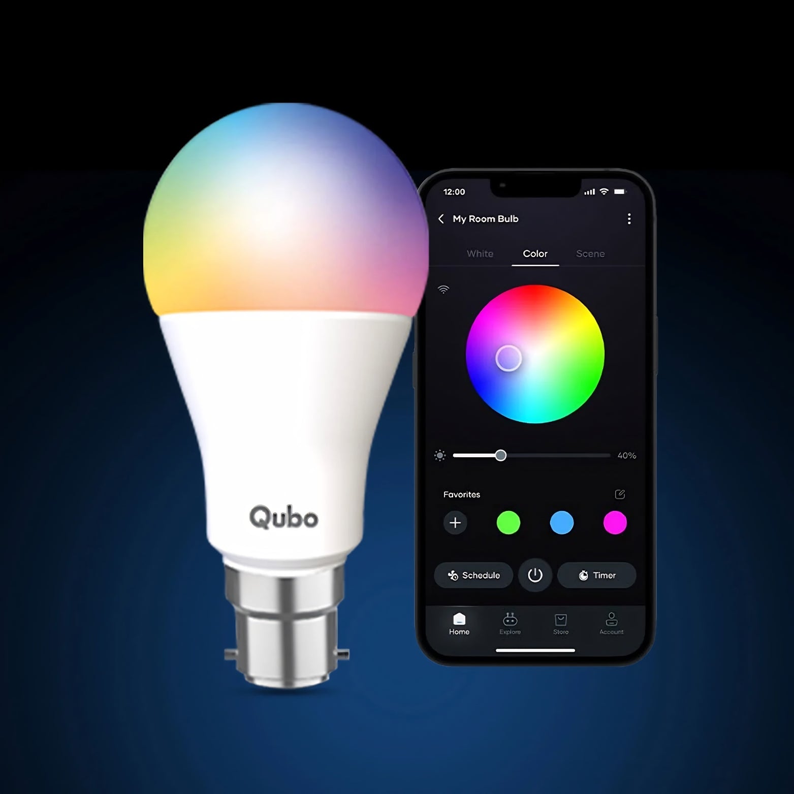 Qubo 12W B22 smart LED bulb paired with custom smartphone app color ring selector setup