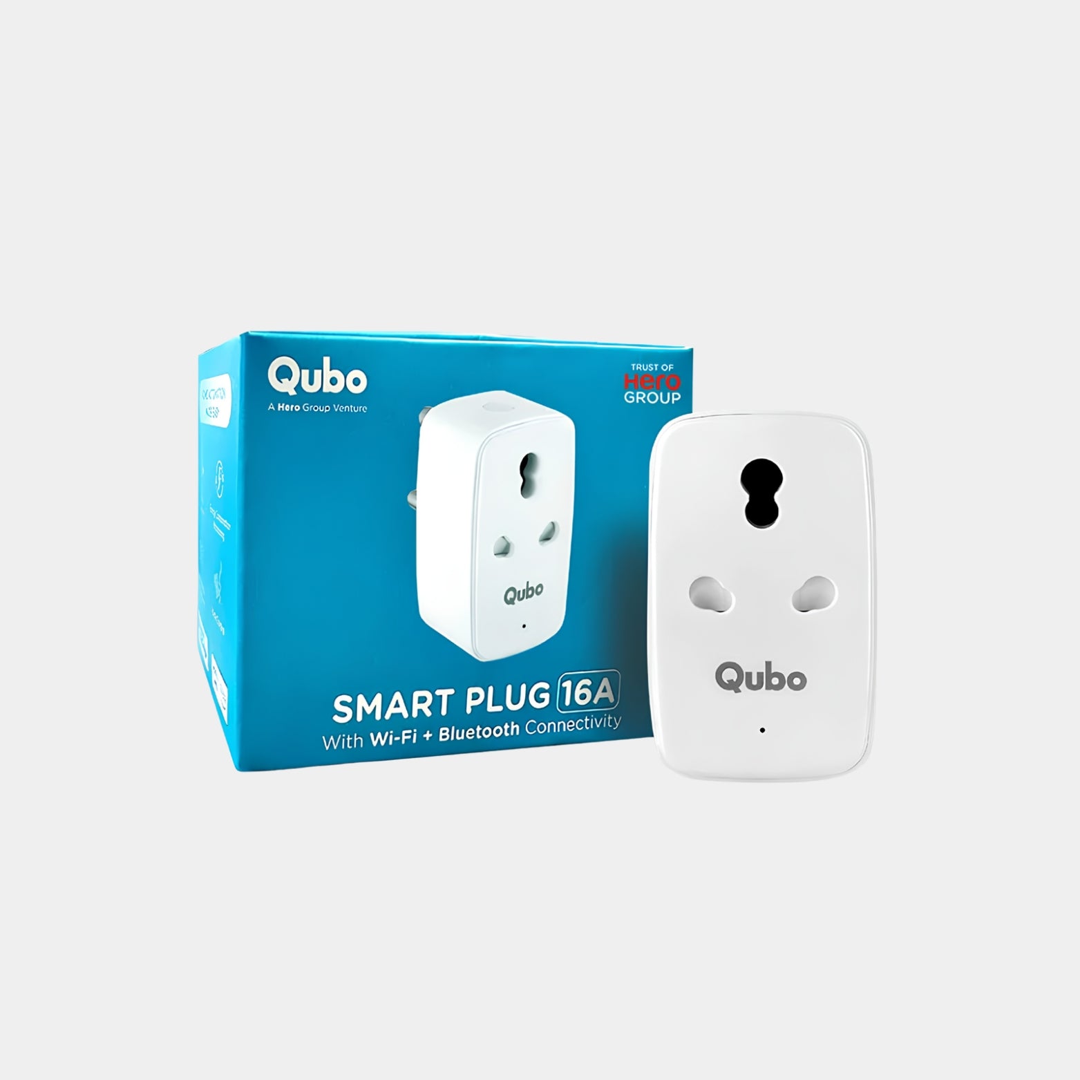 White Qubo 16A smart plug showing front pin configuration sitting next to its blue retail box on a clean background.