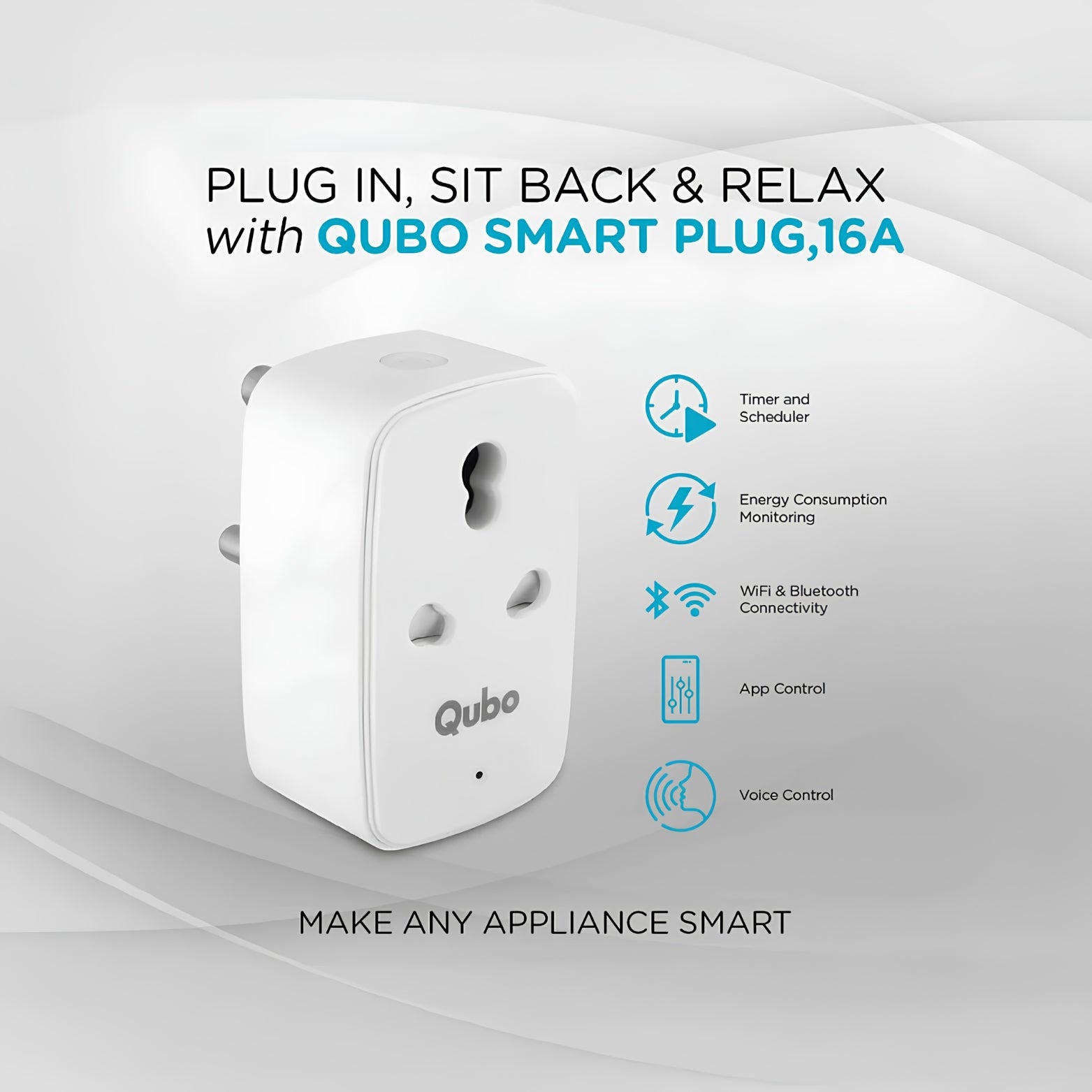 Promotional graphic showcasing key features of the Qubo 16A smart plug, including a timer, scheduler, app control, and energy monitoring.
