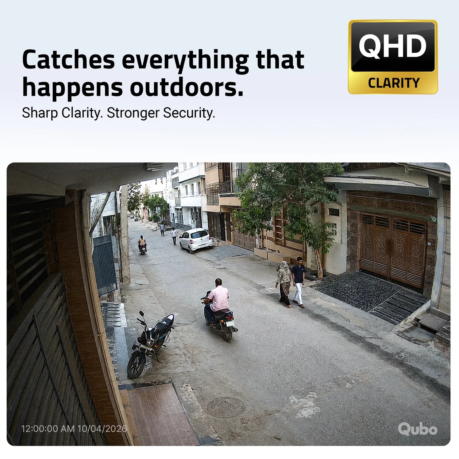Crisp 4MP QHD clarity street view recording of a residential neighborhood lane in Bangalore, captured by the Qubo Smart Bullet Cam