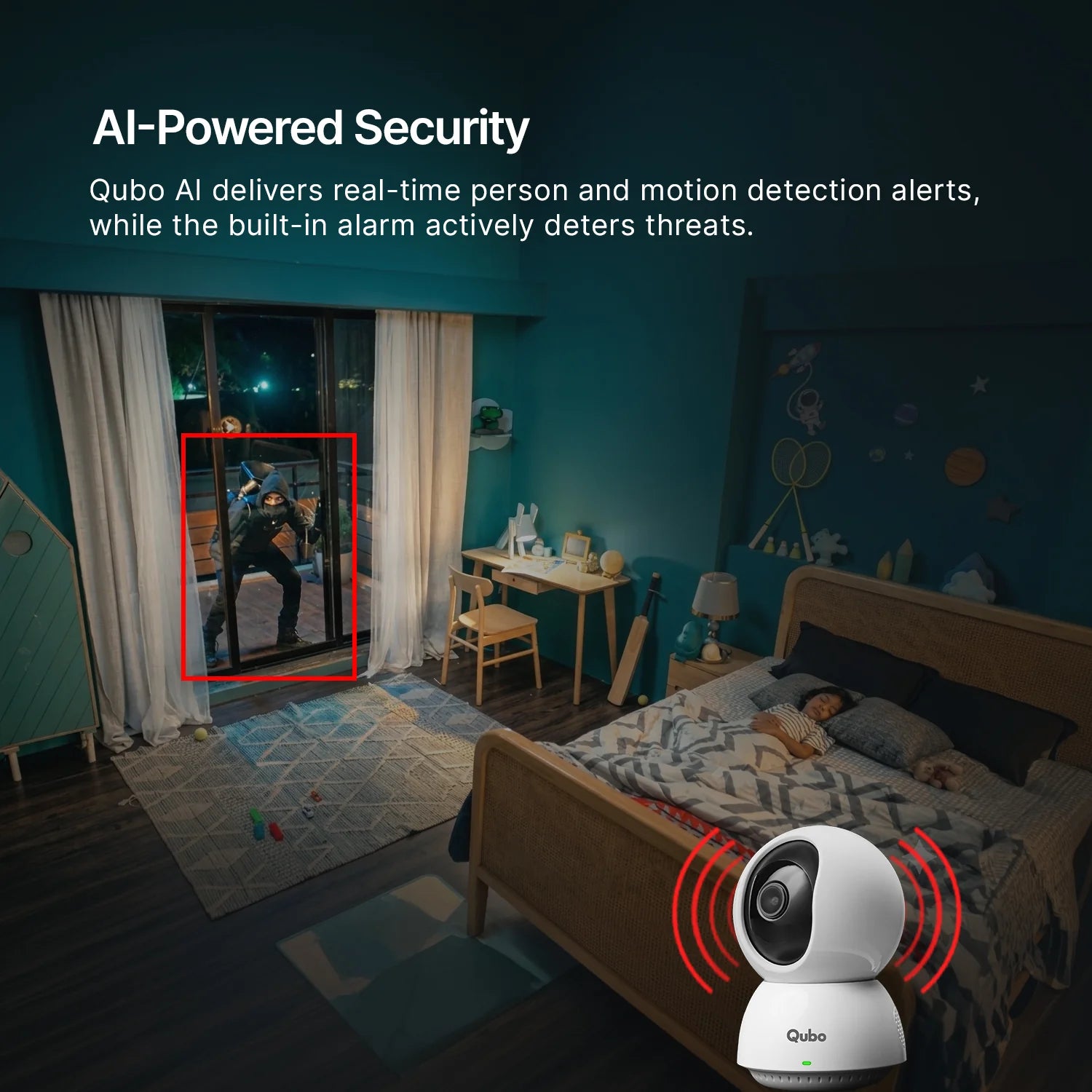 Qubo AI smart camera identifying a room intruder in real-time and triggering the integrated loud siren alarm