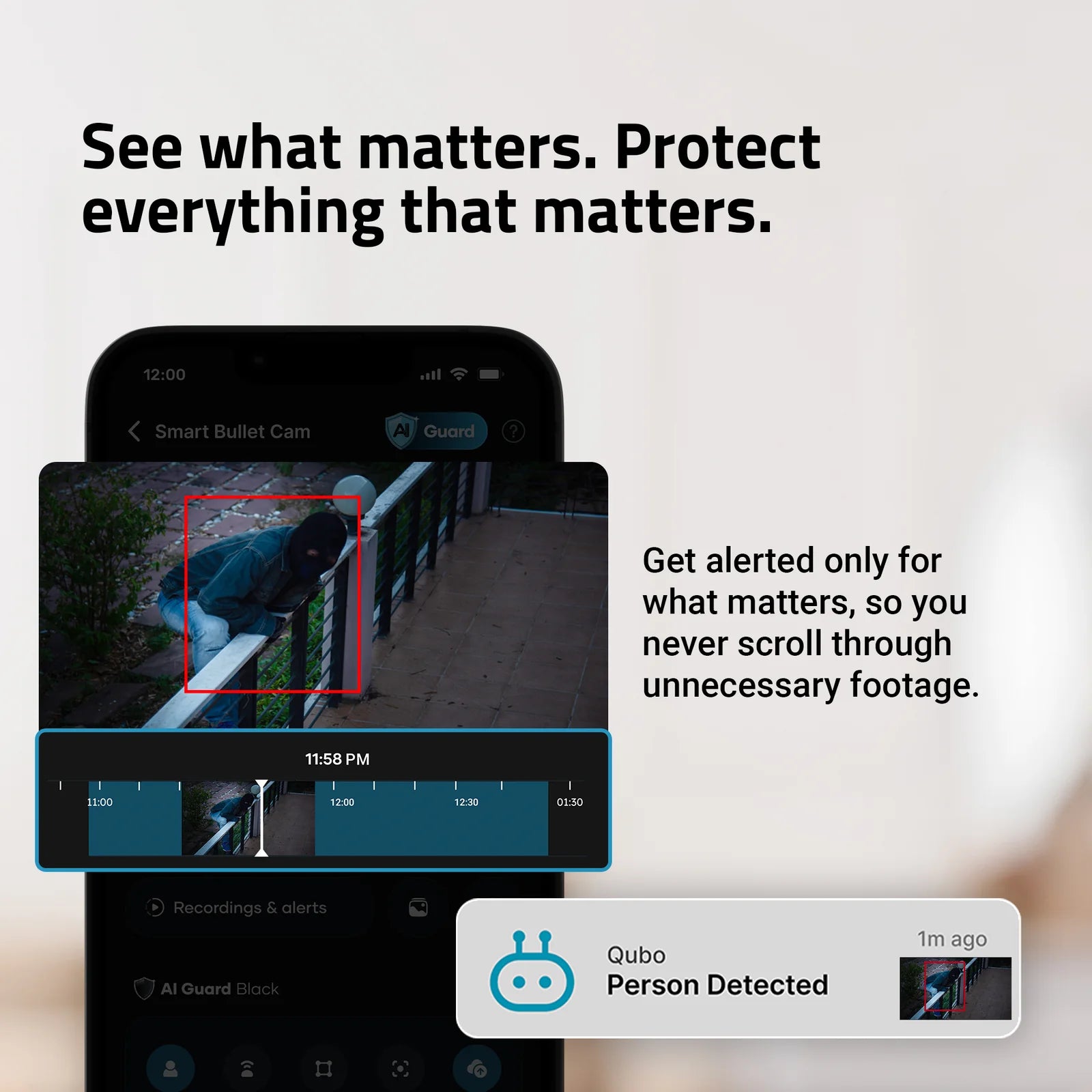 Real-time smartphone notification popup displaying person detected alert from the Qubo Smart Bullet Cam Pro interface