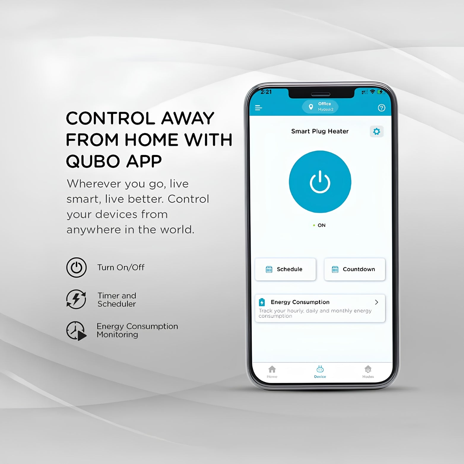 Mobile application interface demonstrating remote home automation control capabilities from anywhere via the Qubo smart plug ecosystem.
