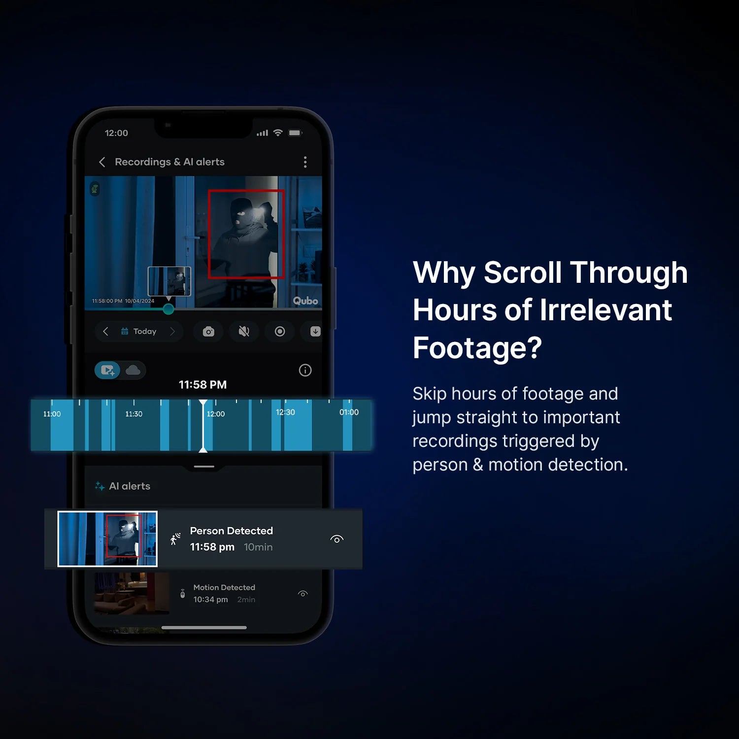 Smartphone interface demonstrating the Qubo app motion and person detection timeline video filtering