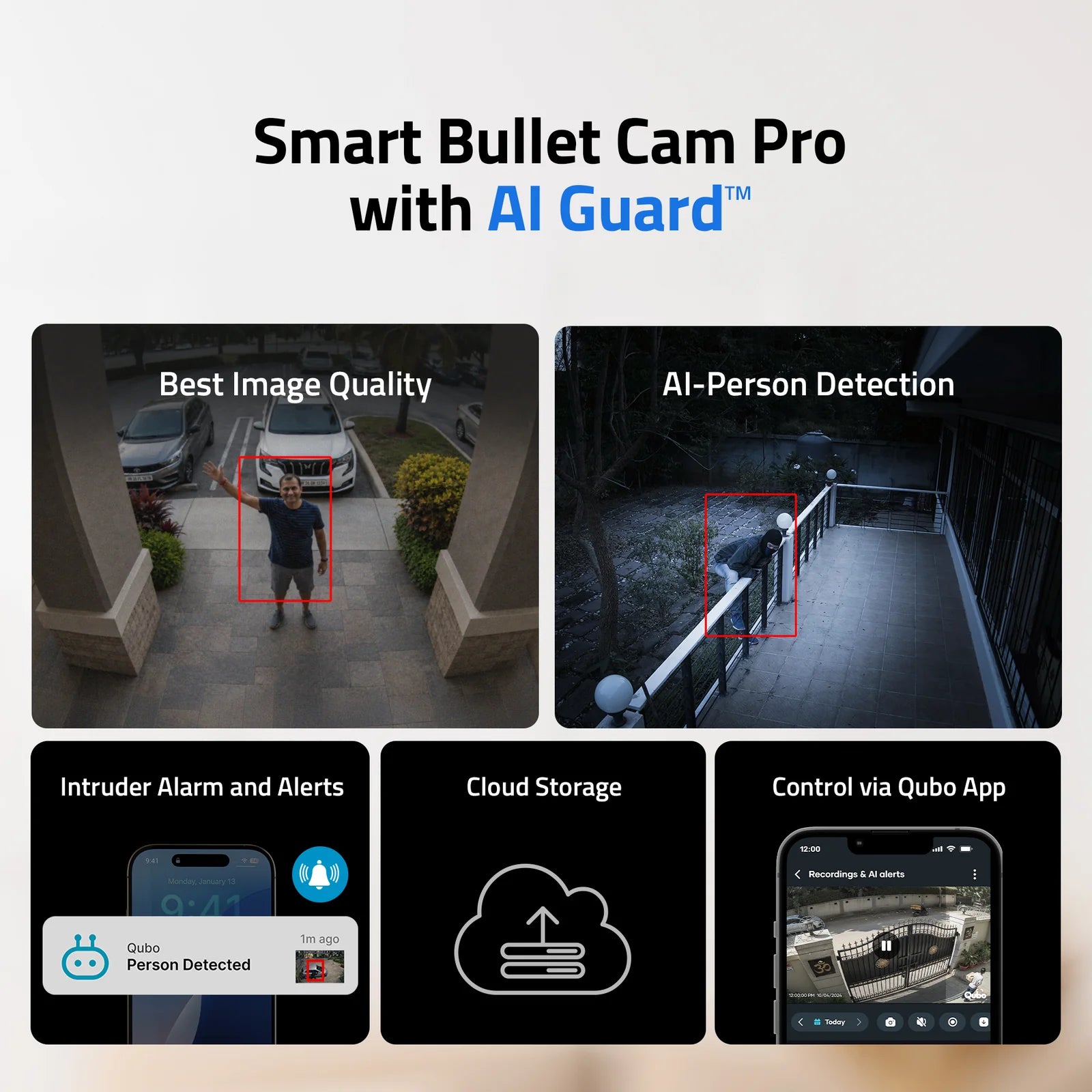 Core features overview of the Qubo Smart Bullet Cam Pro with AI Guard, highlighting intruder alarms, secure cloud storage, and mobile app control