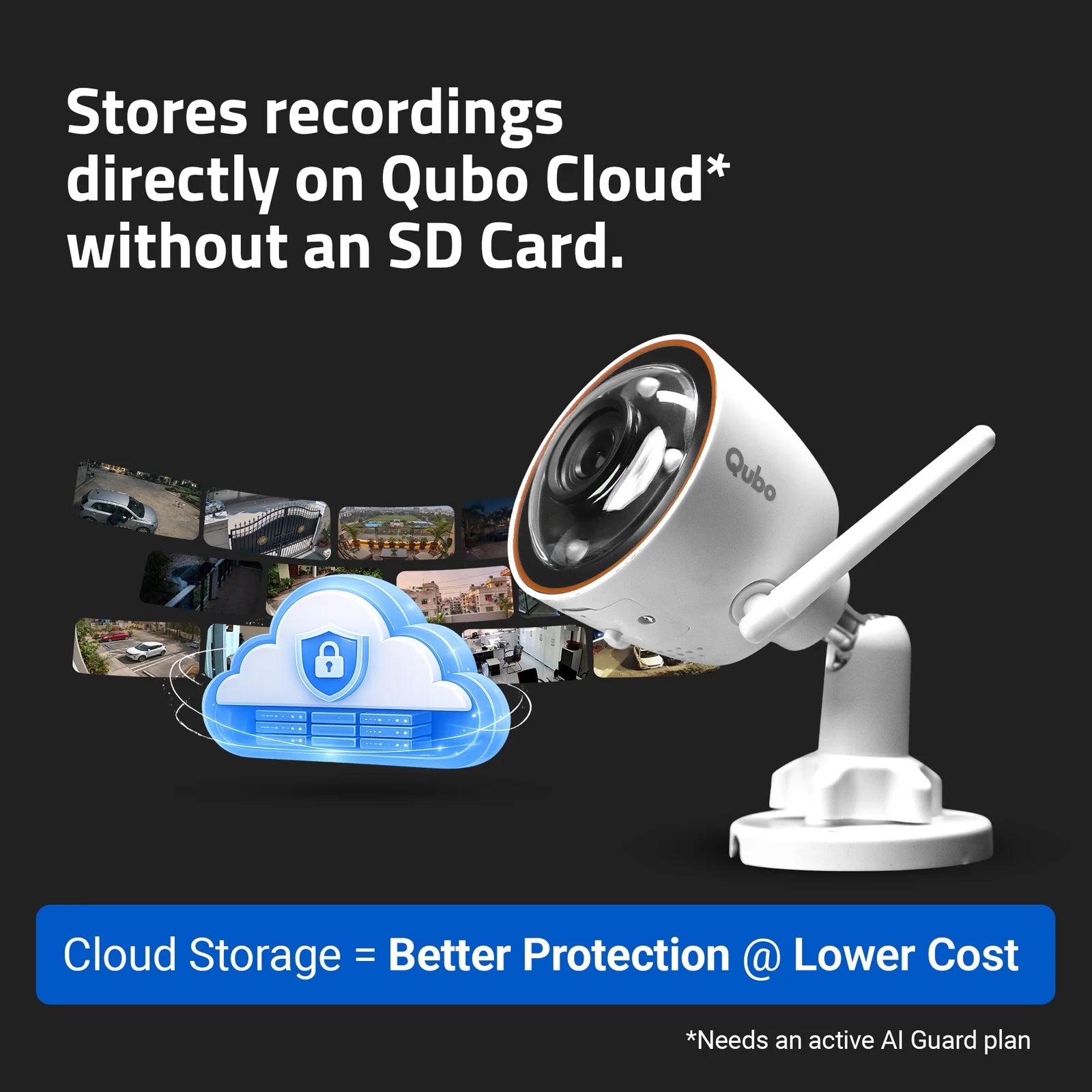 Secure encrypted cloud storage protection banner for Qubo security camera recordings without requiring a physical SD card