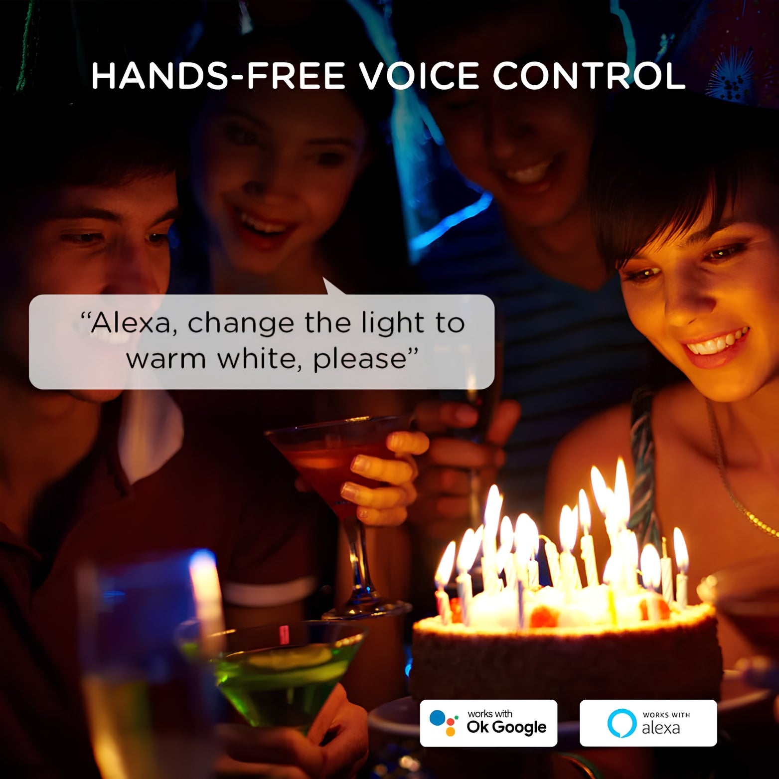 Friends using hands free voice control to adjust Qubo smart bulb colors via Amazon Alexa