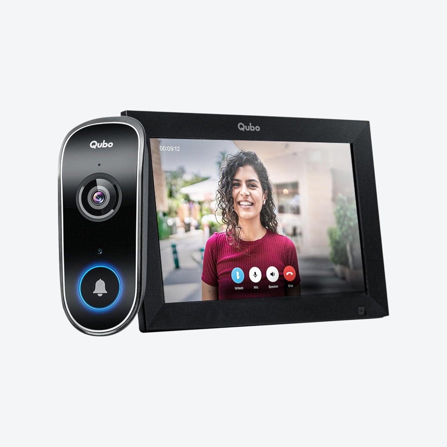 Package contents for Qubo InstaView including Video Doorbell Pro, Home Tab, Chime, and mounting kit