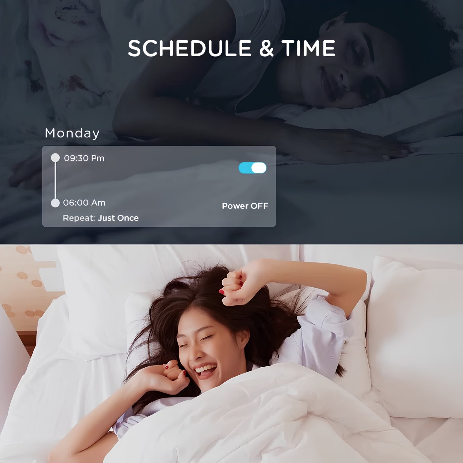 Smartphone screen showing schedule and time menu for automated power off routing on Qubo bulbs