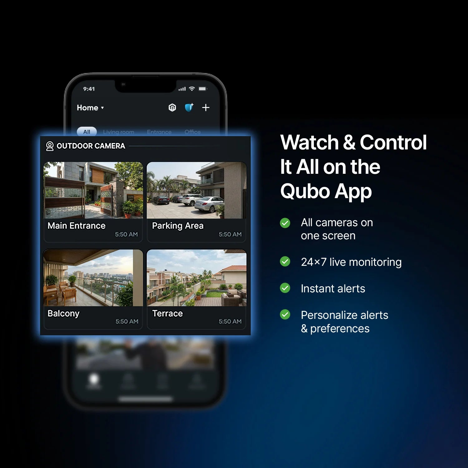 Qubo companion app dashboard displaying simultaneous multi-camera 24x7 live feeds for indoor and outdoor monitoring