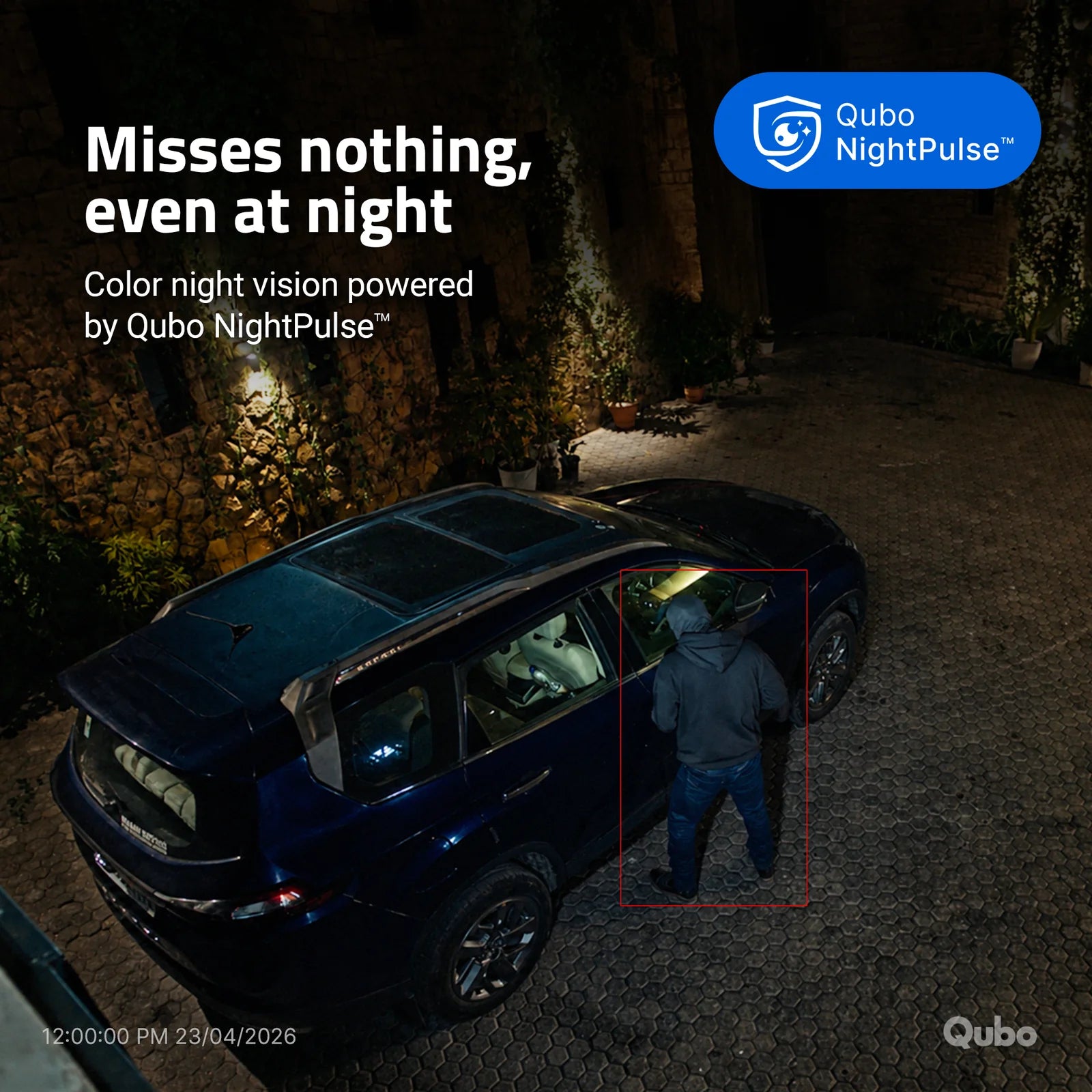 High-performance outdoor color night vision powered by Qubo NightPulse technology tracking a backyard intruder at night