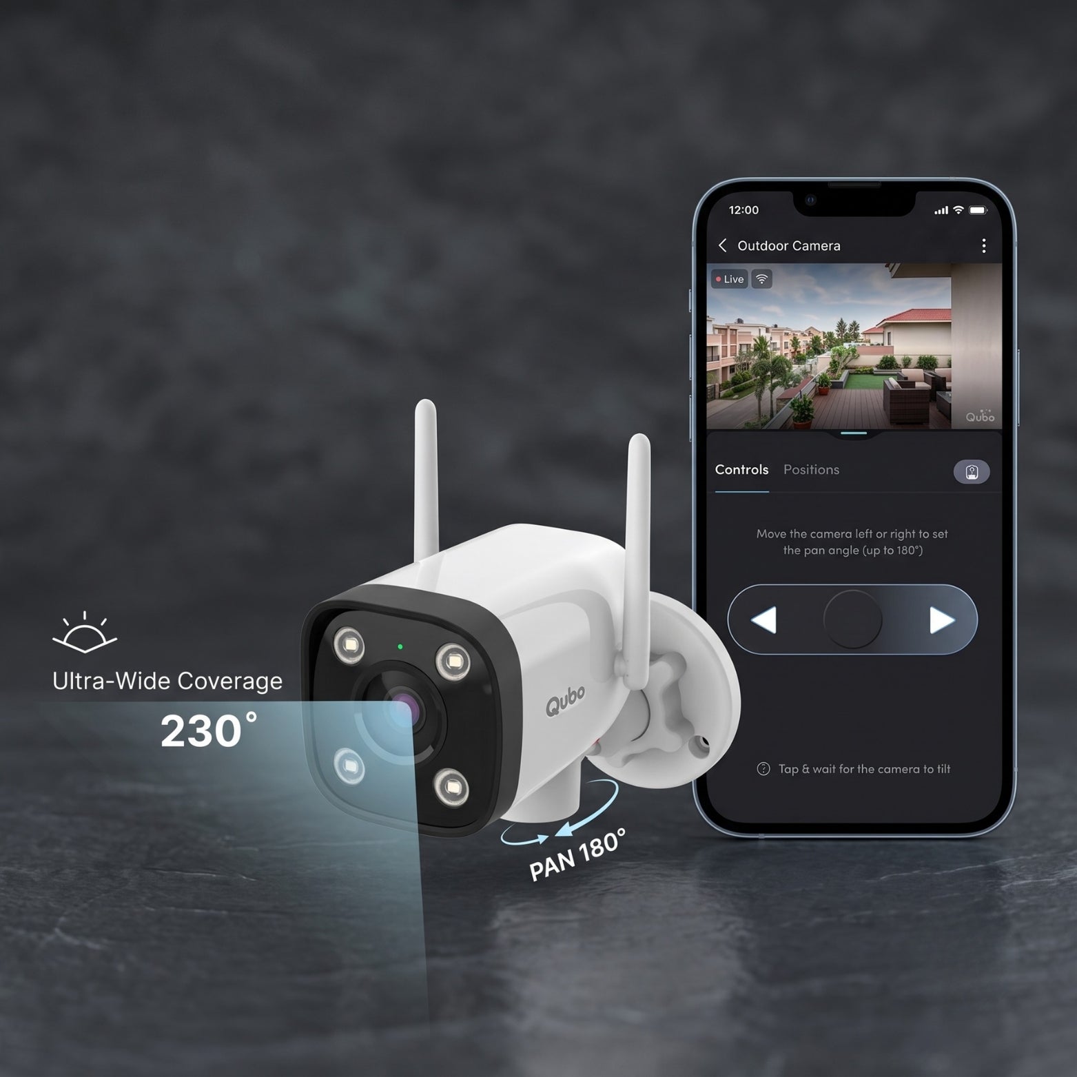 Qubo outdoor security camera illustrating its 230 ultra-wide coverage and 180 pan control alongside the smartphone app interface.