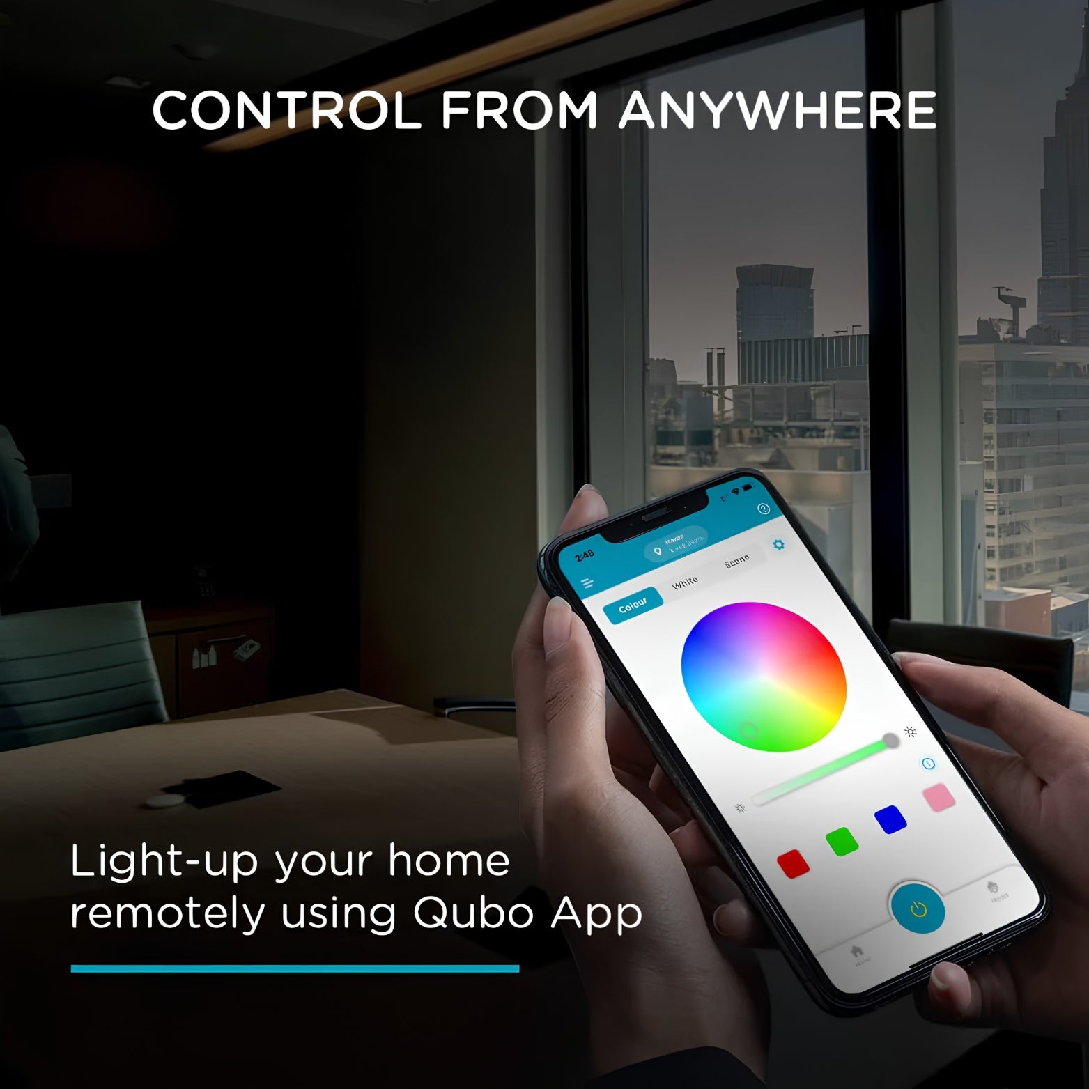 Adjusting home lighting parameters remotely with the Qubo App interface on a smartphone screen
