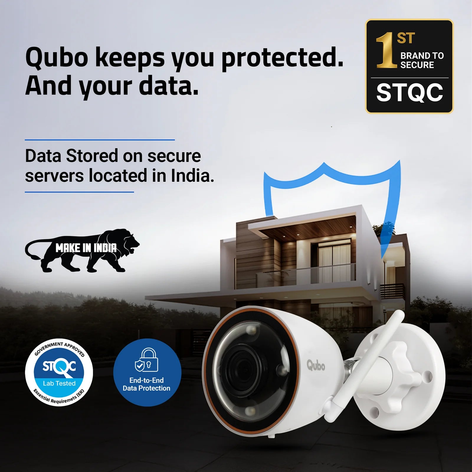Make in India certified Qubo Smart Bullet Cam Pro featuring STQC lab tested end-to-end data protection with secure servers located in India