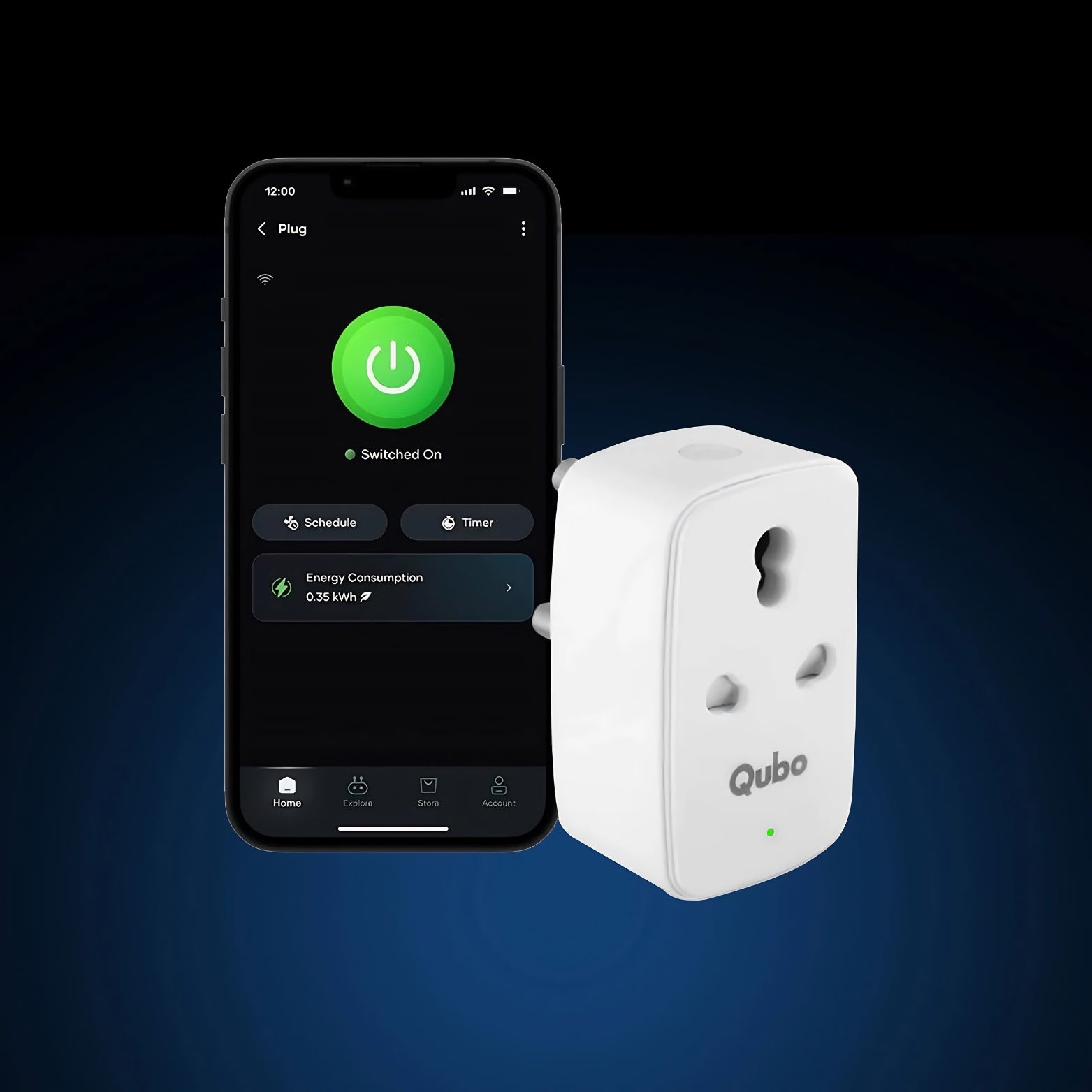 Smartphone showing the Qubo app interface displaying power toggle status and energy consumption tracker next to the 16A smart plug.
