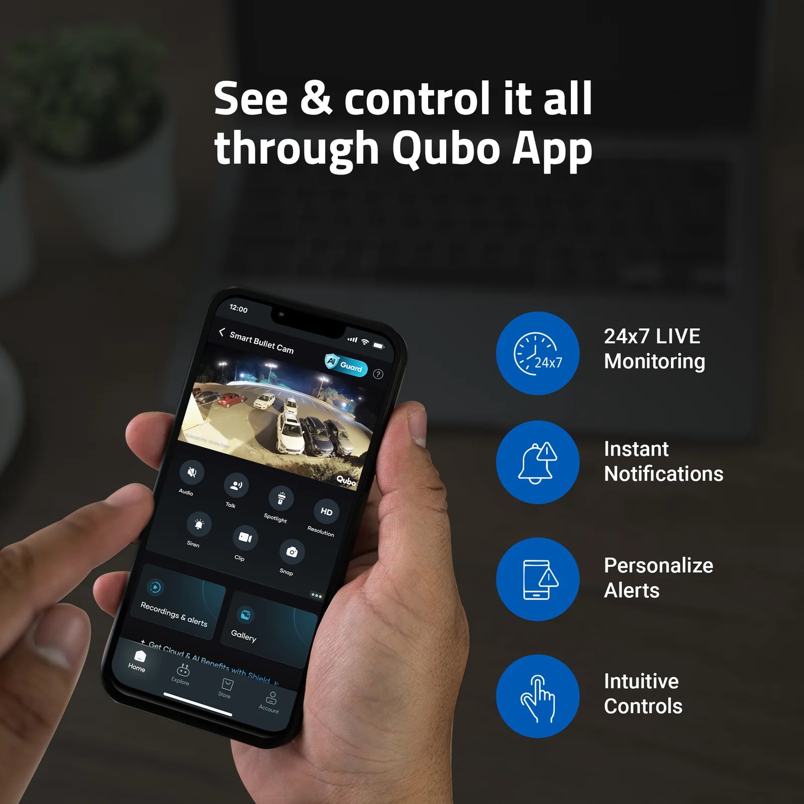 Controlling the Qubo Smart Bullet Cam Pro via smartphone application featuring 24x7 live monitoring, instant personalized alerts, and intuitive controls