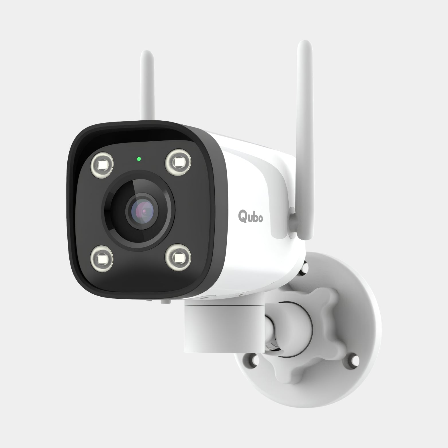 Qubo Smart Bullet Cam Pro 180 white outdoor security camera with dual antennas on a clean studio background, available at Hardware Depot.