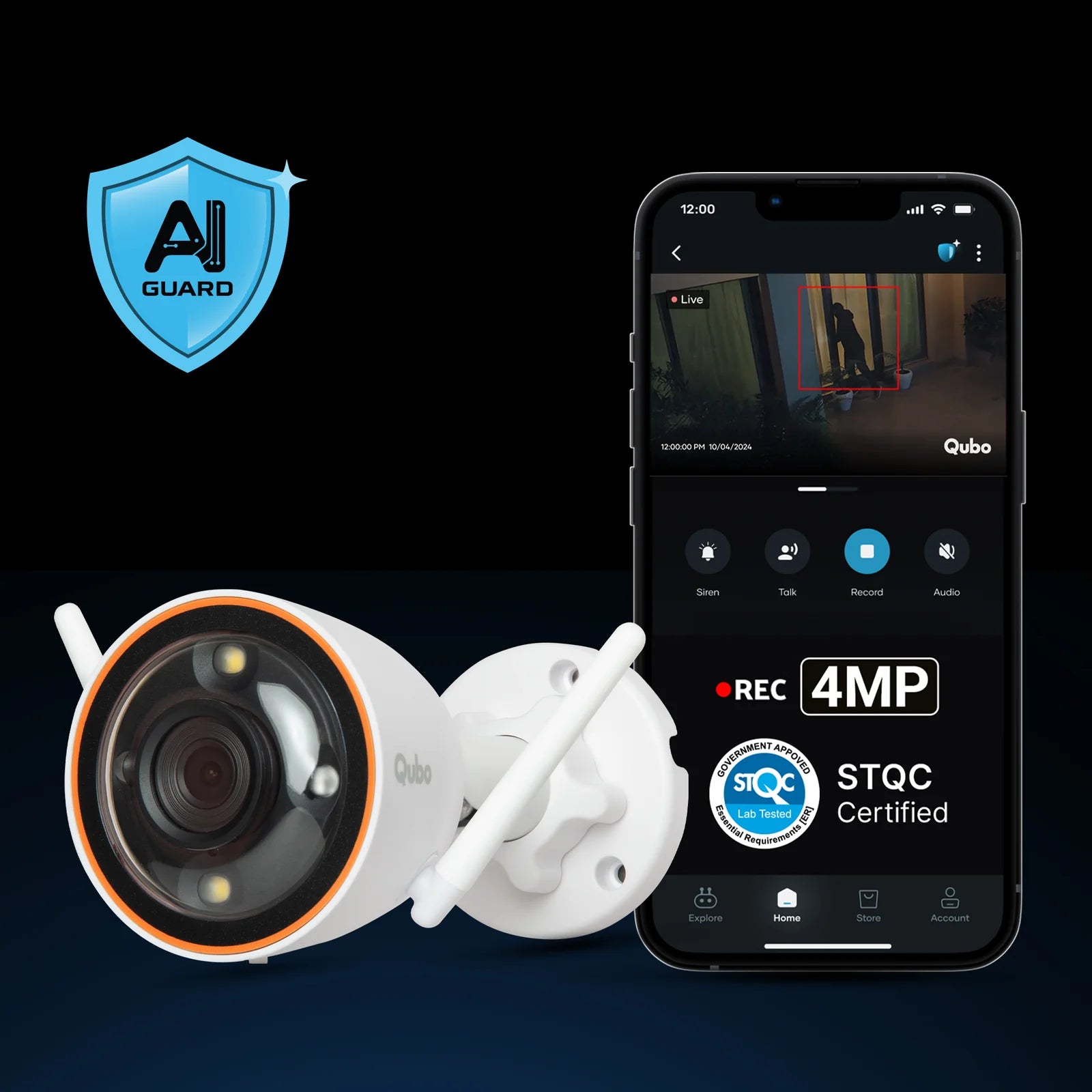 Qubo Smart Bullet Cam Pro 4MP outdoor security camera displayed next to a smartphone interface with STQC data certification, available at SS Hardware Bangalore