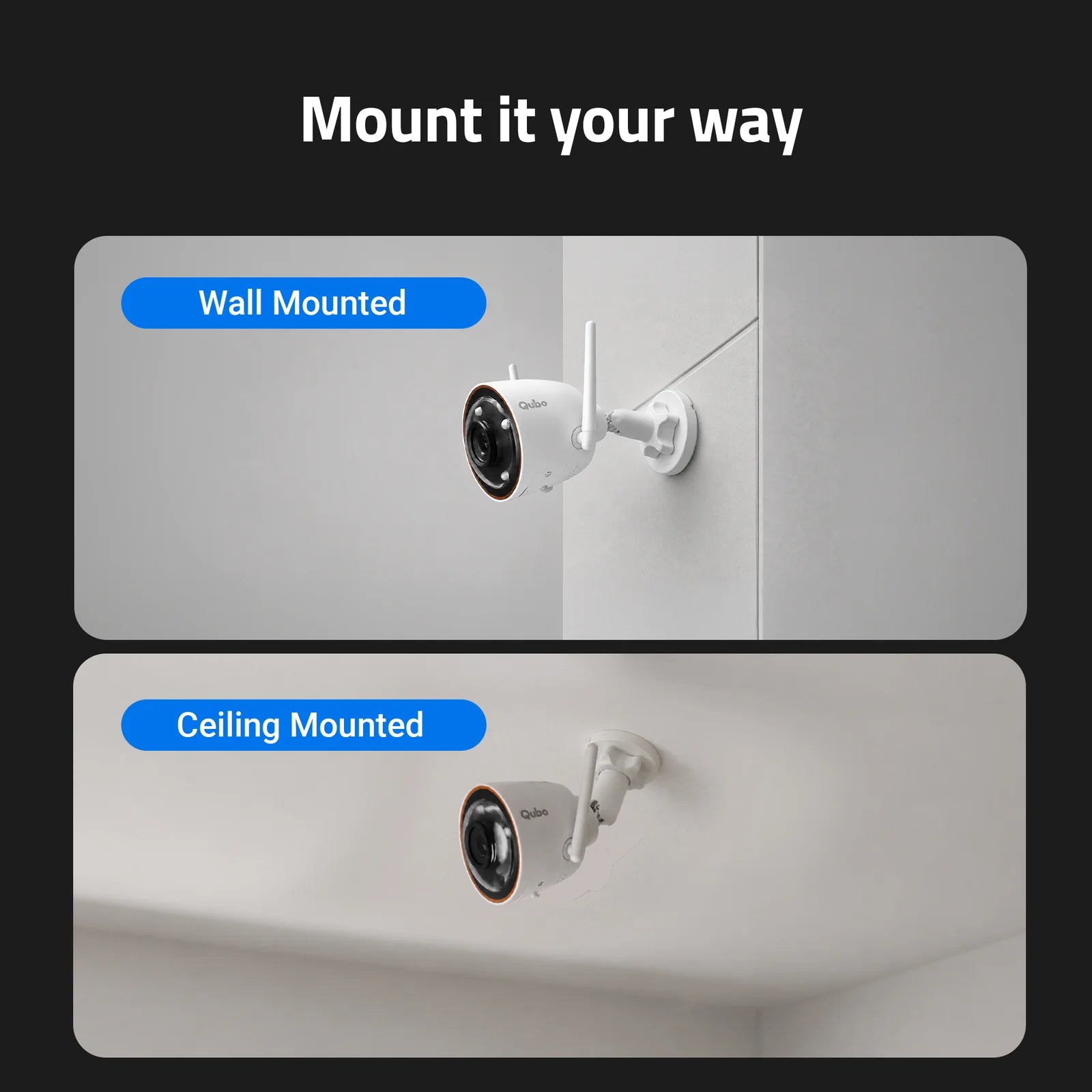 Versatile installation options for Qubo Smart Bullet Cam Pro showing both wall-mounted and ceiling-mounted setups for home security in Bangalore