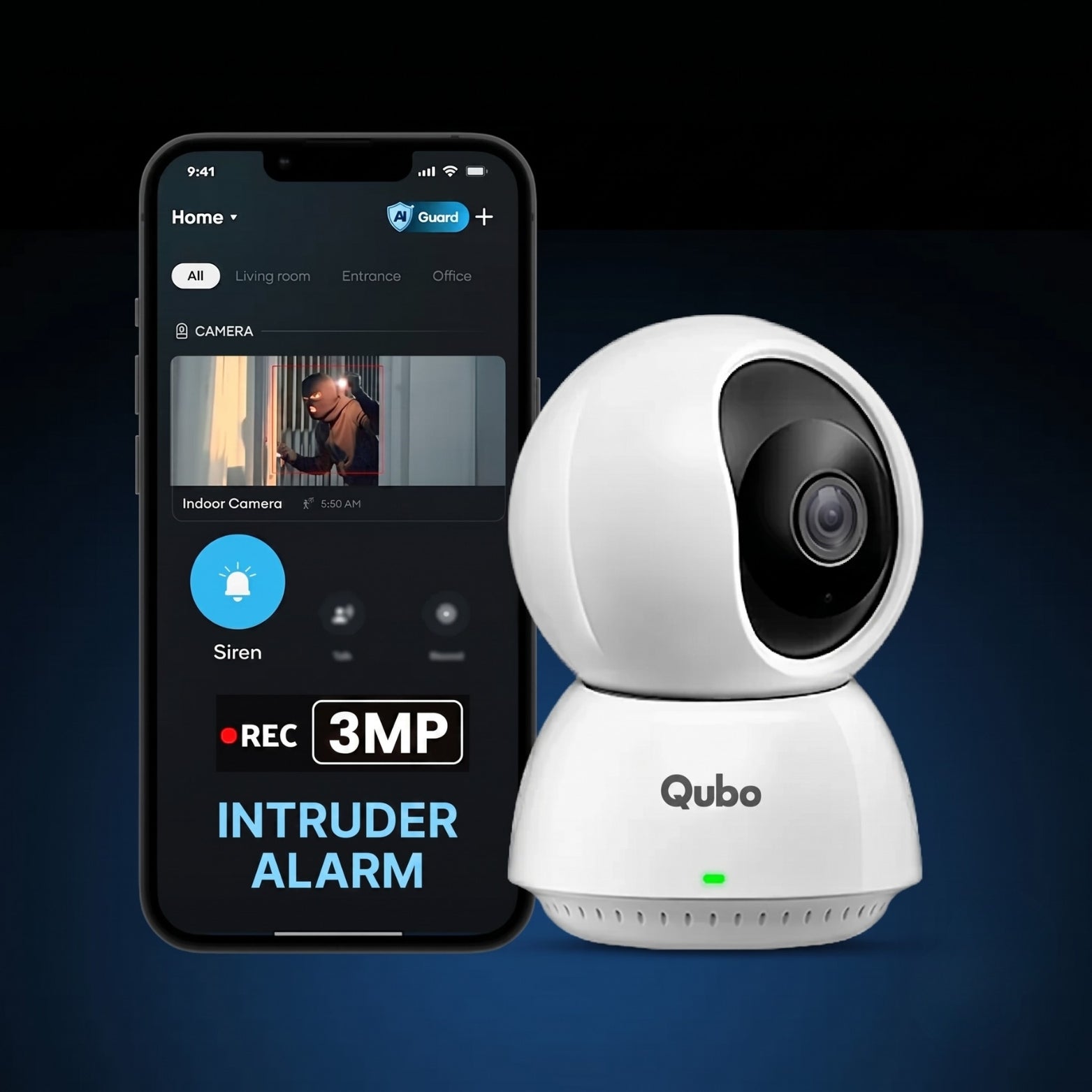 Qubo Smart Cam 360 2K Prime wireless security camera featuring an upgraded 3MP lens and app-based intruder alarm interface, available at Hardware Depot Bangalore
