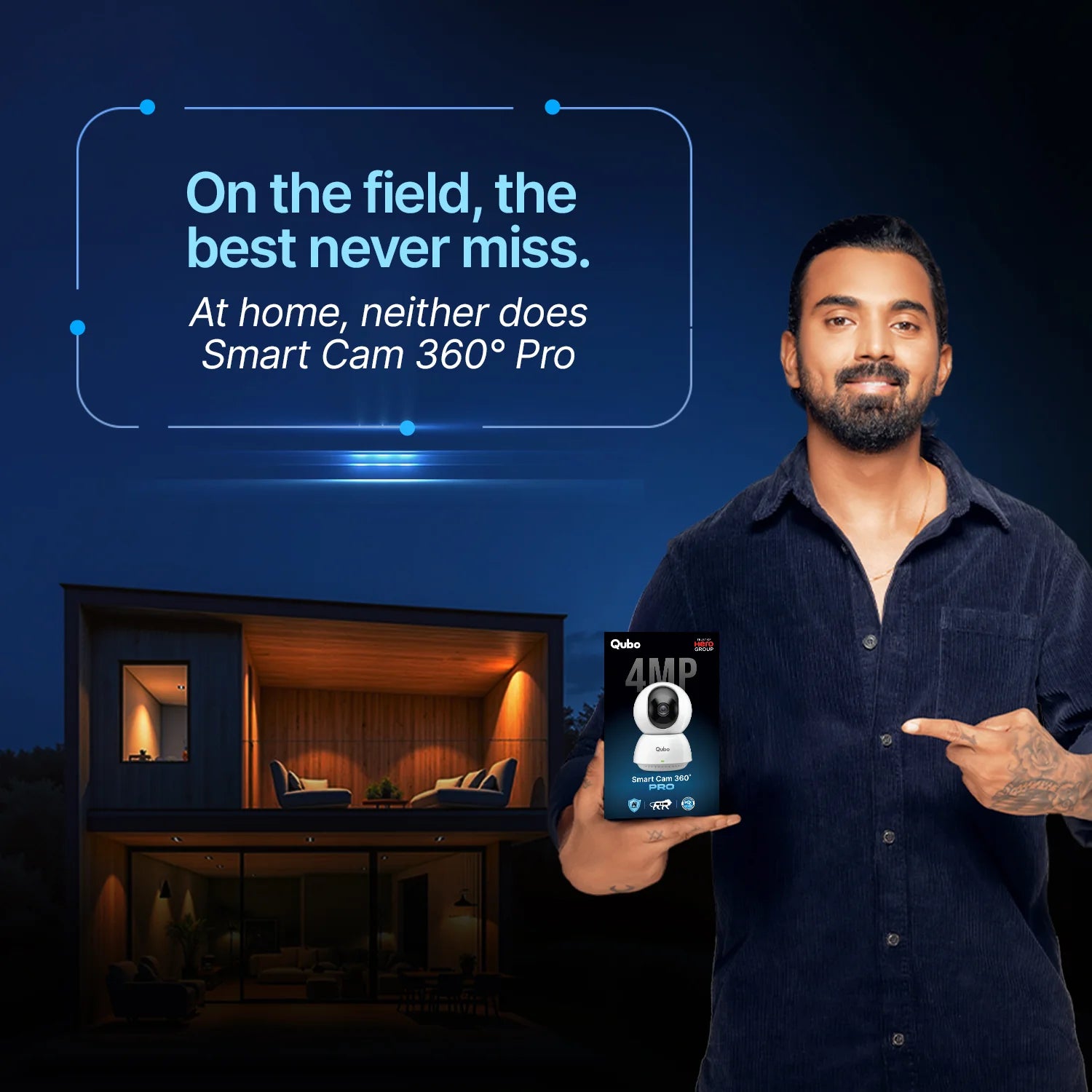 Indian cricketer KL Rahul endorsing the Qubo Smart Cam 360 Pro 4MP retail box