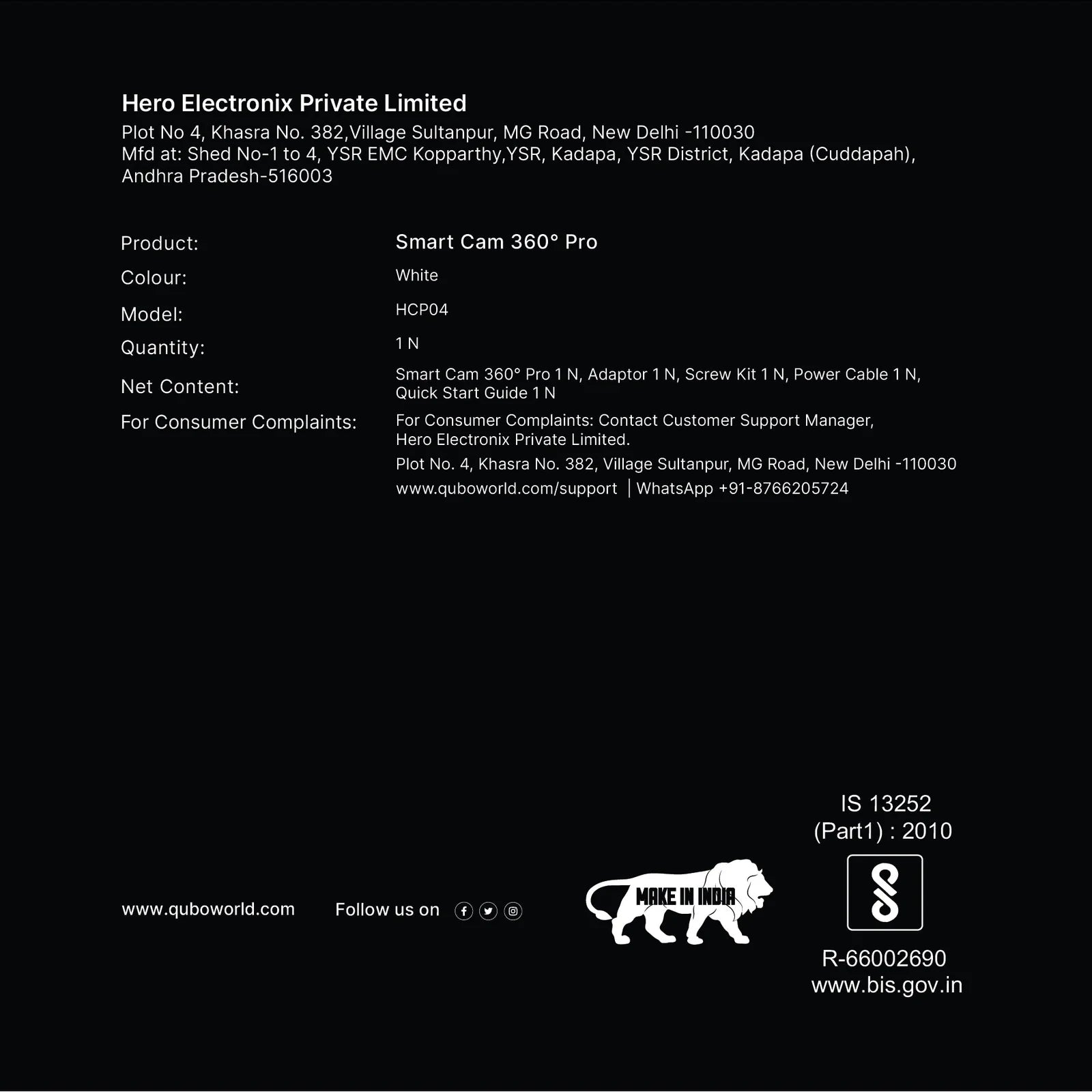 Back of box manufacturer specifications for Qubo Smart Cam 360 Pro by Hero Electronix, stocked at SS Hardware Bangalore