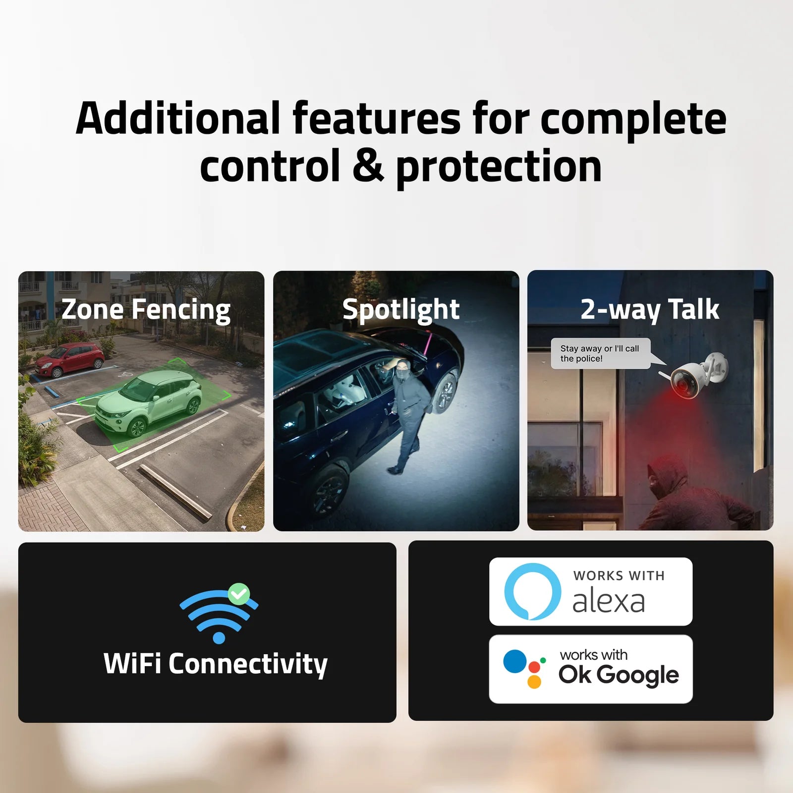 Advanced security features of Qubo Bullet Cam Pro including zone fencing, automatic spotlight, two-way talk, and Alexa or OK Google compatibility
