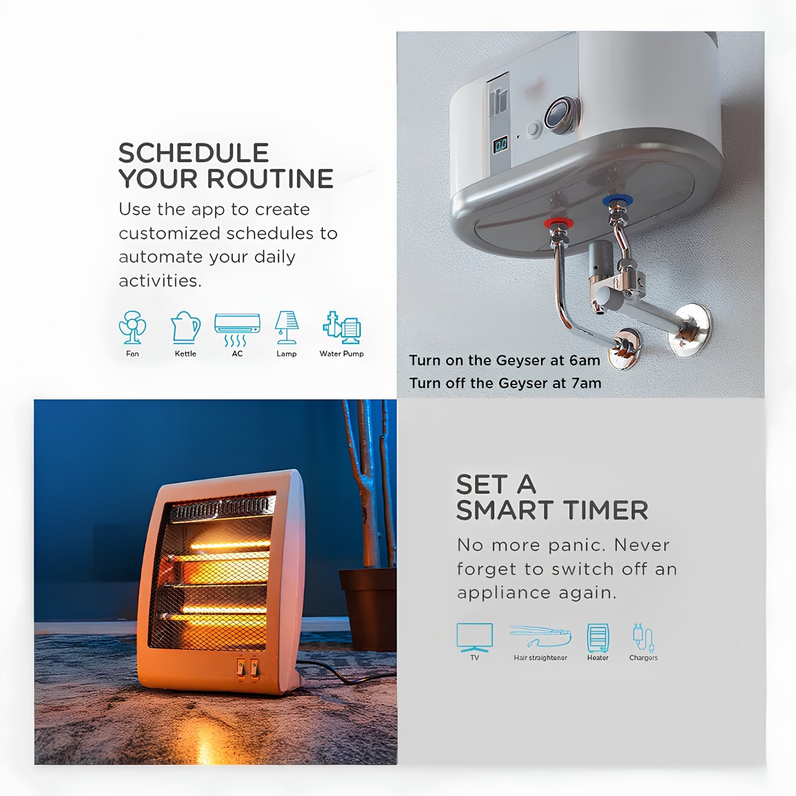 Infographic demonstrating automated scheduling routines for heavy appliances like geysers, room heaters, and kitchen kettles.