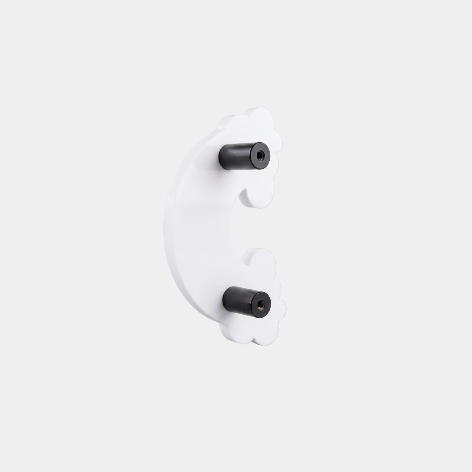 Back view of solid white acrylic rainbow kids handle showing heavy duty black dual mounting posts with metal threads