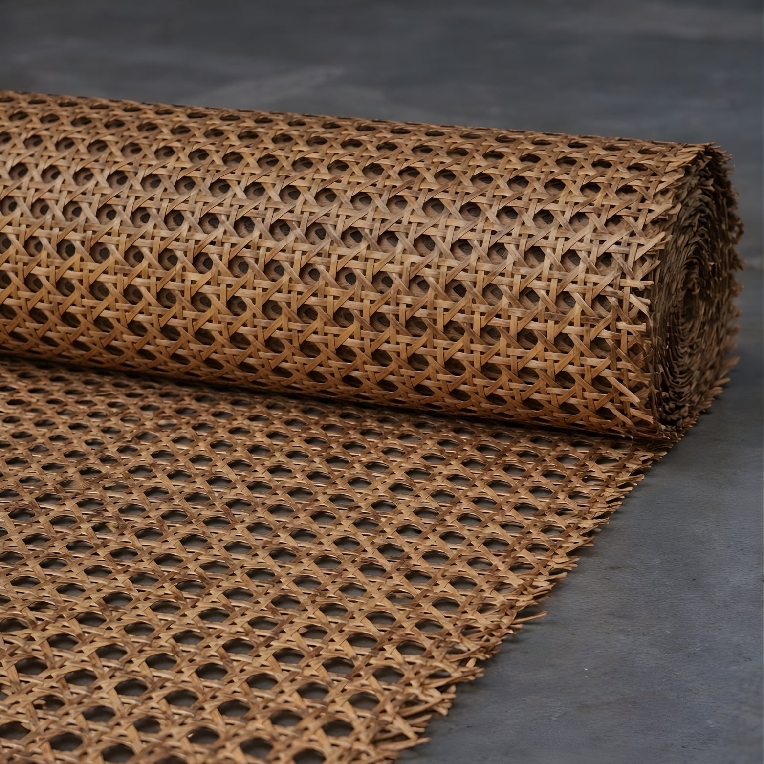 Modern wardrobe with natural rattan cane webbing door inserts showing a breathable Japandi interior design style