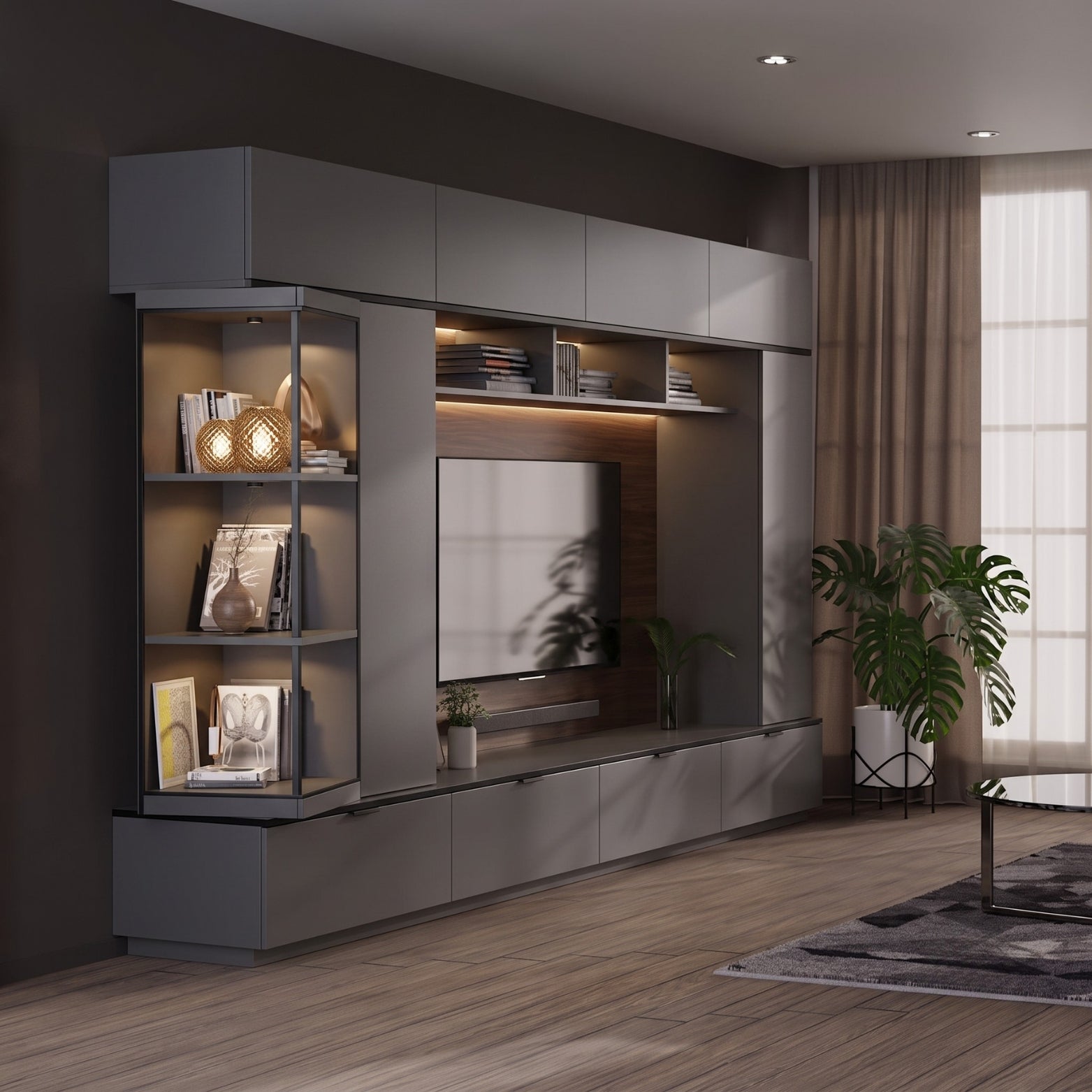 High-end living room entertainment center with matte charcoal grey cabinetry. Highlights include a wooden rotating module featuring internal LED lighting, display shelving, and an integrated flat-screen television.